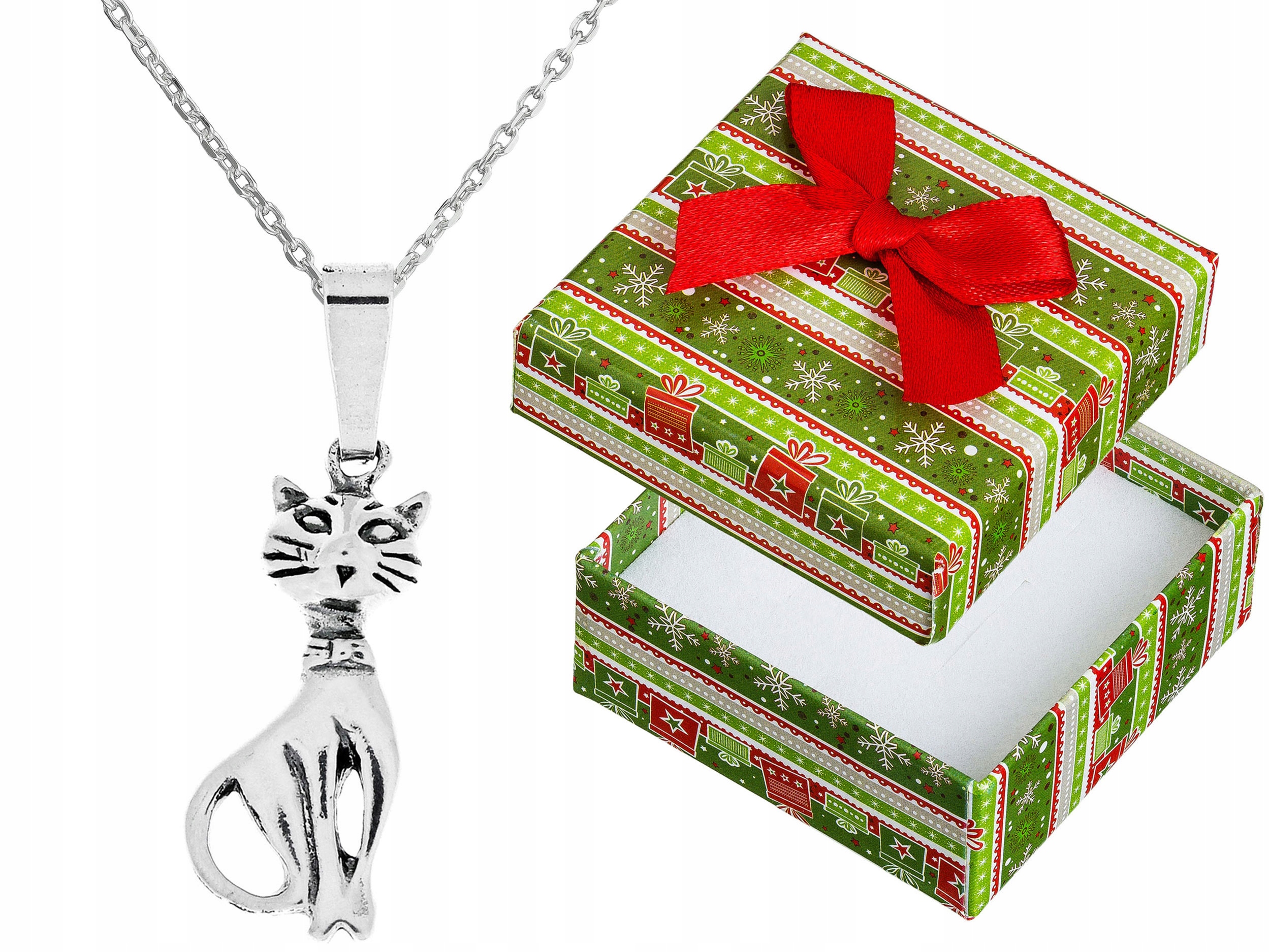 Dlouhý Stříbrný Oxidovaný Dámský Náhrdelník s Kočkou Kotětem Kočka Stříbro 80 cm