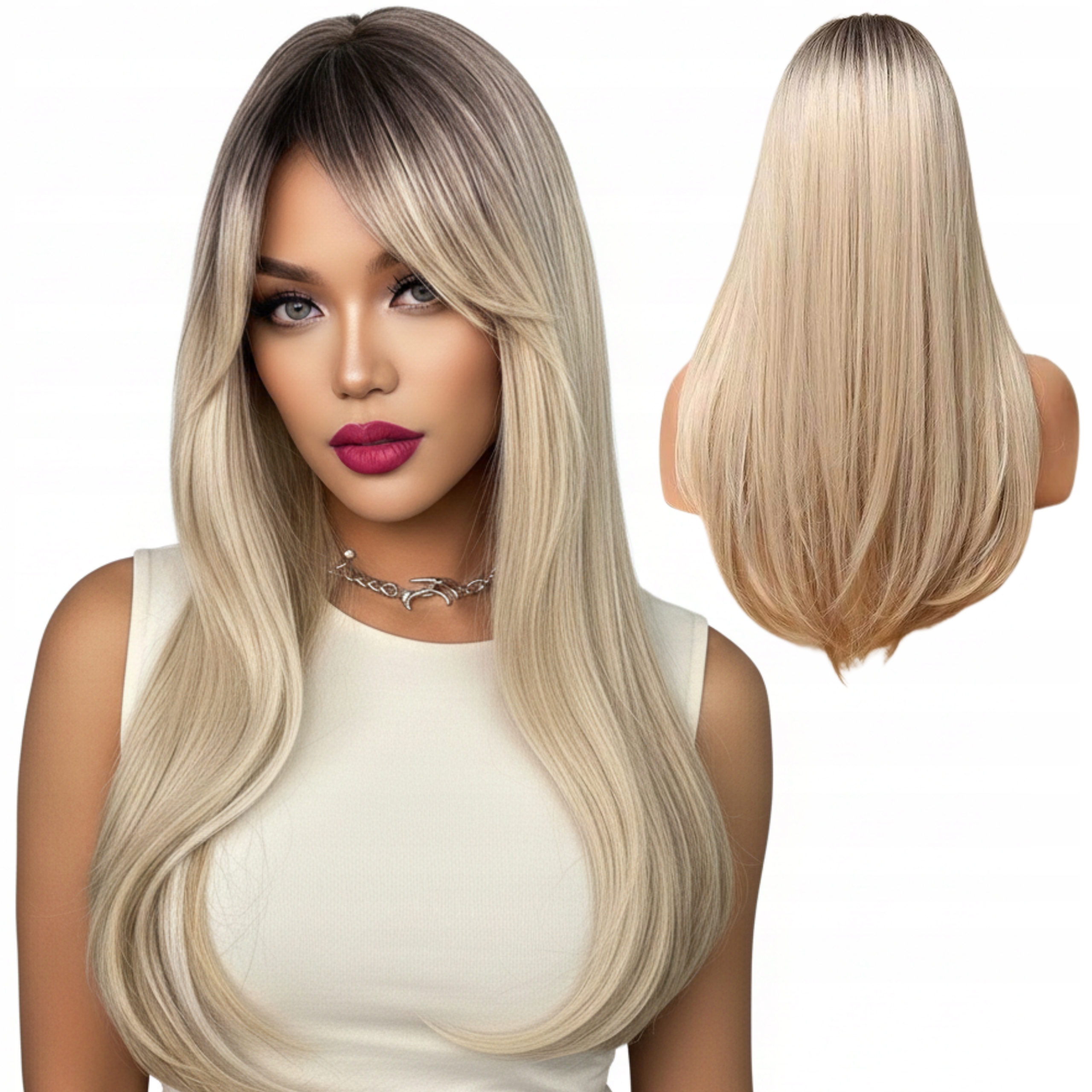 Peruka Damska Długie Blond Ombre Proste Włosy Syntetyczne Z Grzywką 64cm