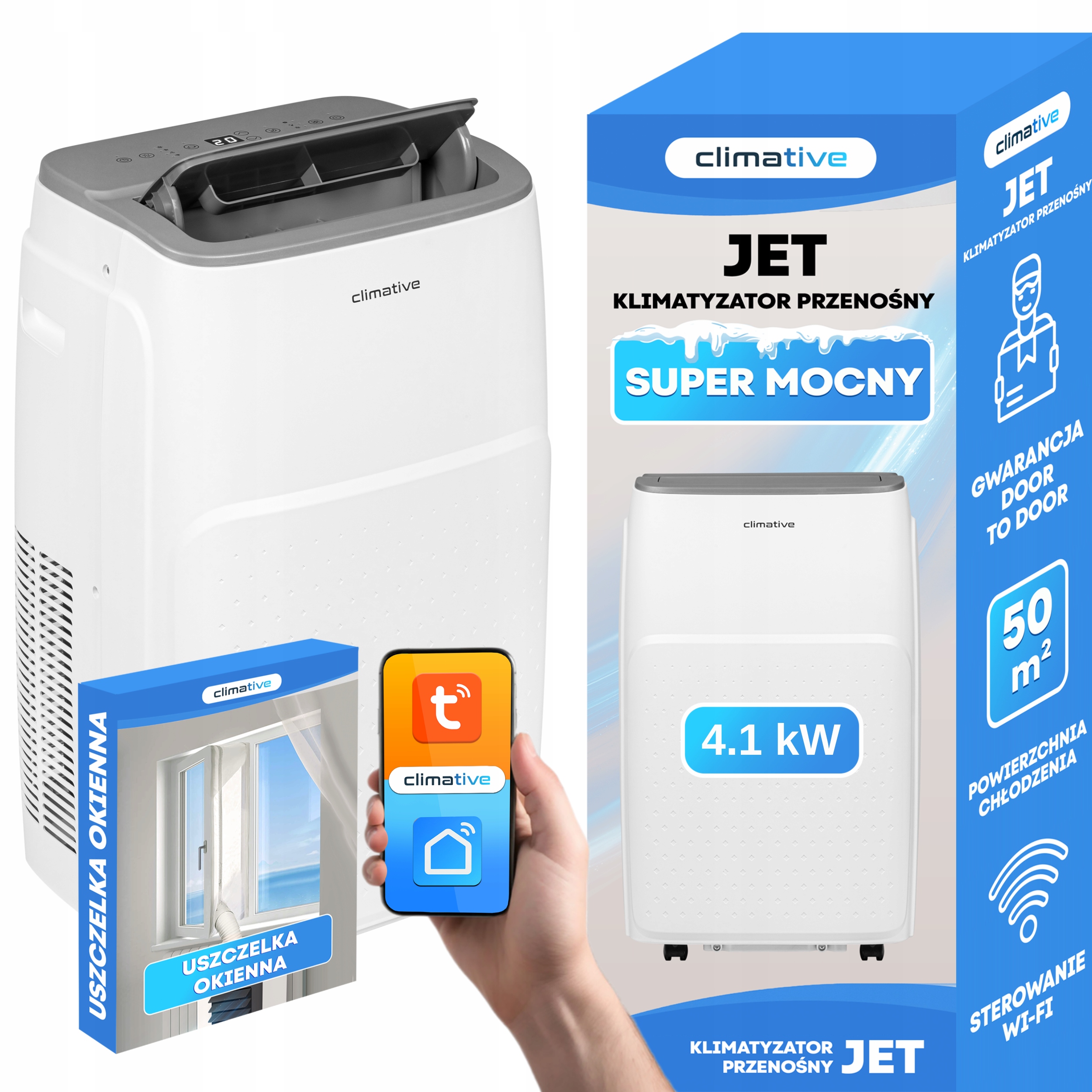 Mocny klimatyzator przenośny pokojowy Jet WiFi 4,1kW osuszacz 3w1 uszczelka