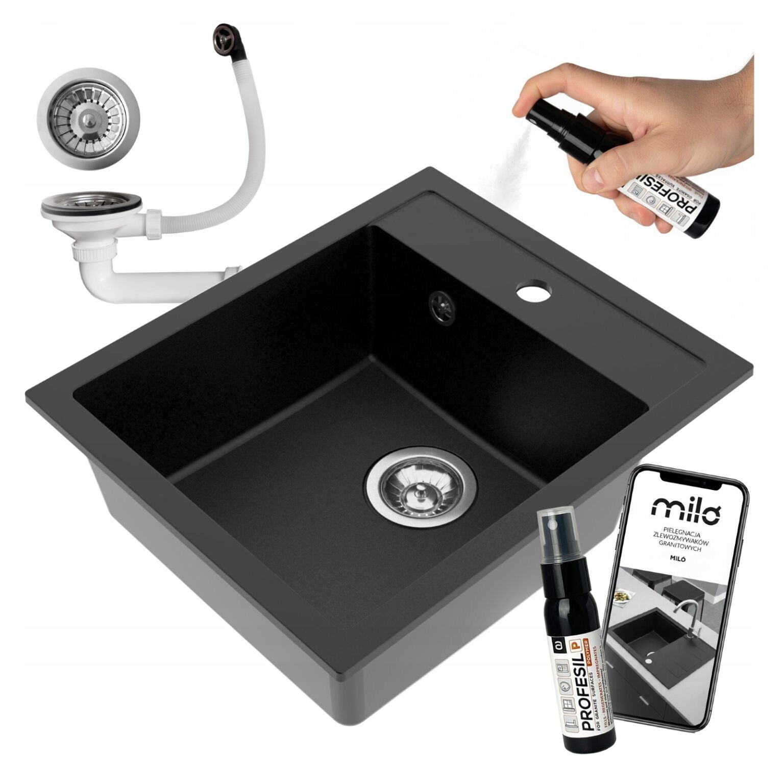 Granitový Drez Jednokomorový Miló Emporio Bez Odkvapkávača Sifónový Set
