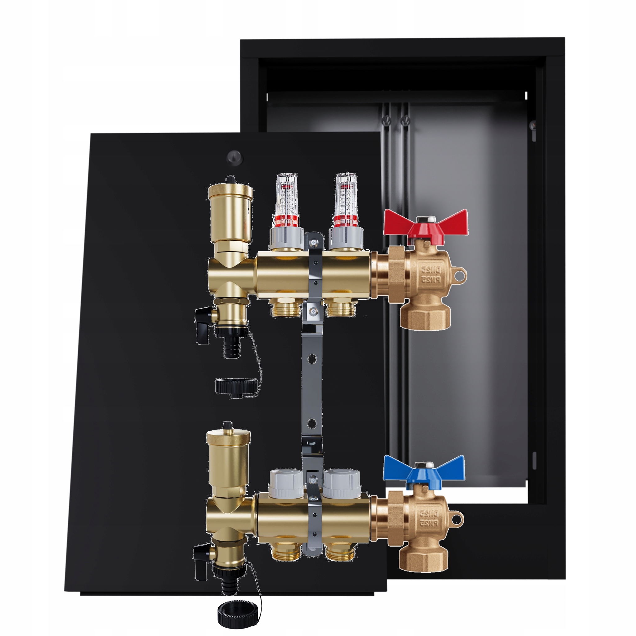 Mosadzný rozdeľovač podlahy 2 obvody nástenná skrinka čierna ventily