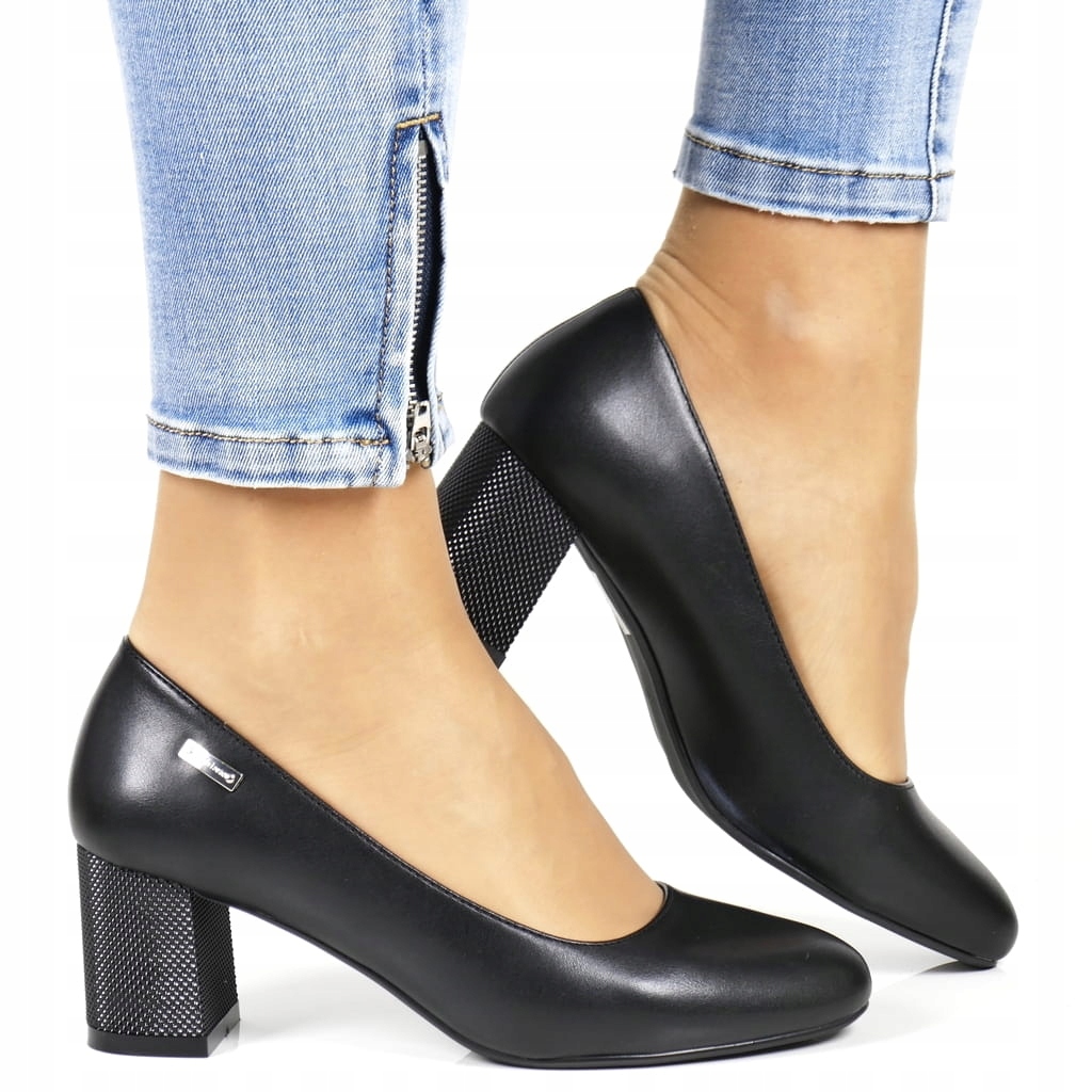 DAMSKIE CZÓŁENKA BUTY NA SŁUPKU CZARNE MATOWE OZDOBNY OBCAS Marka Sergio Leone