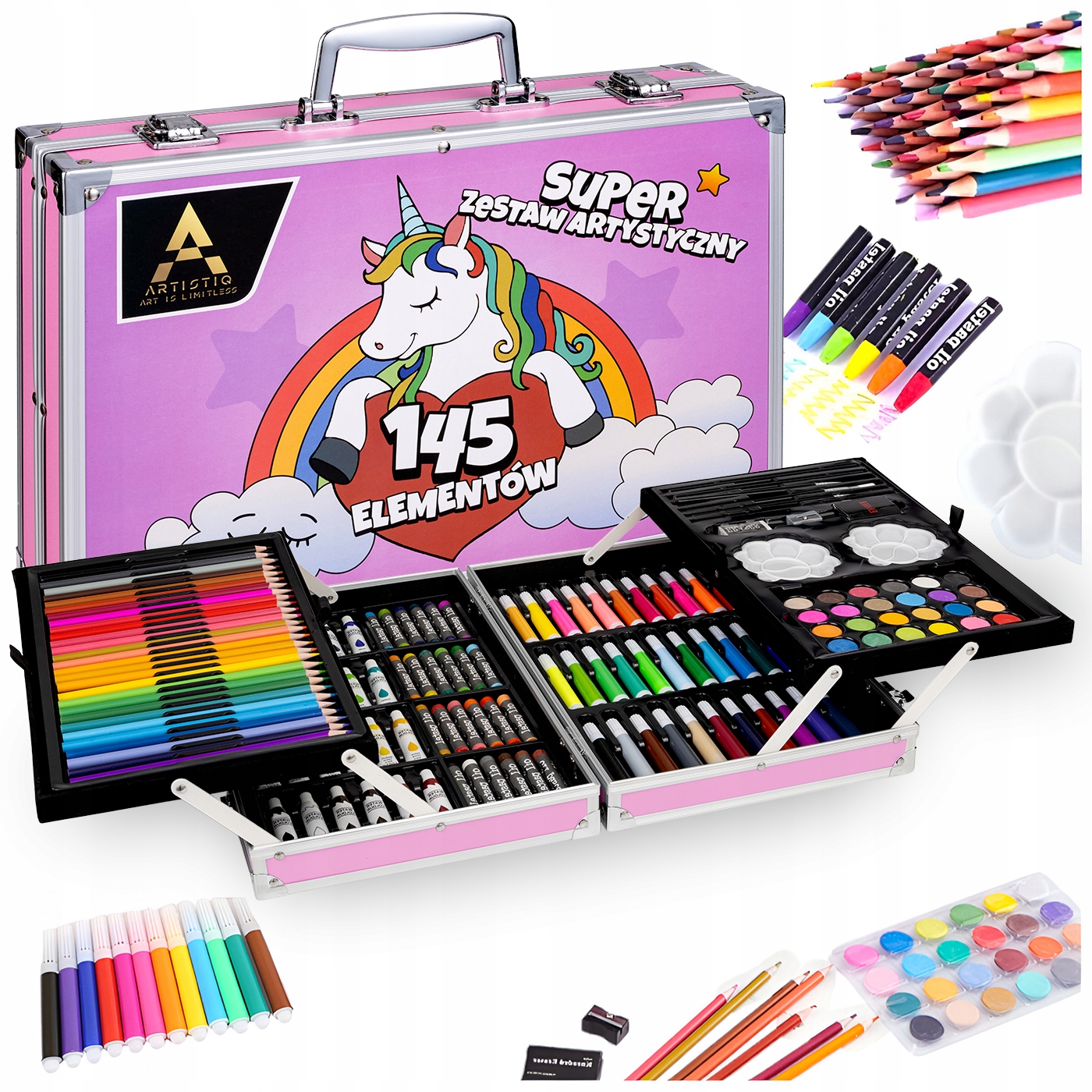 ZESTAW PLASTYCZNY ARTYSTYCZNY DO MALOWANIA KOLOROWANIA WALIZKA RÓŻOWY 145el