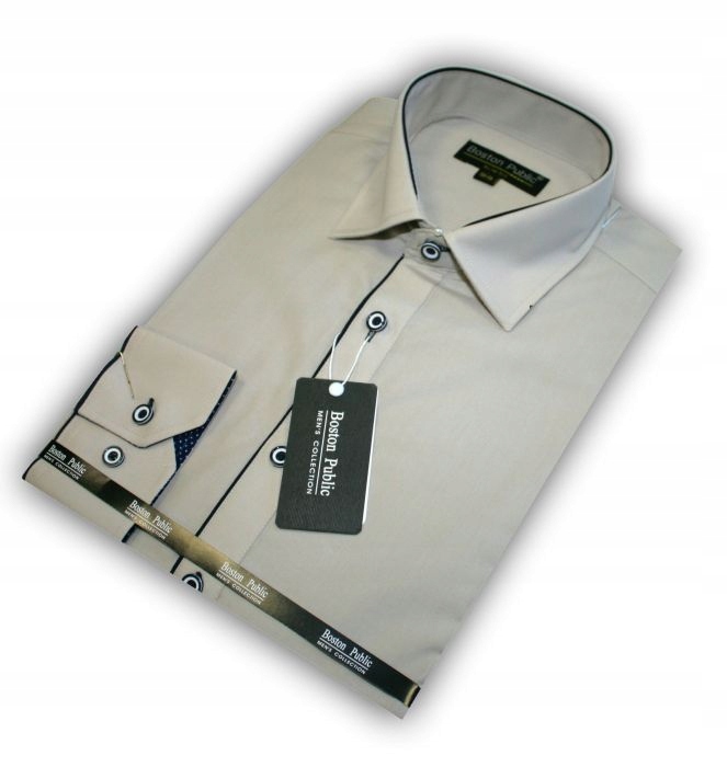 Mr4 Koszula męska DŁUGI BEŻOWA GŁADKA slim 41/42 Wzór dominujący bez wzoru