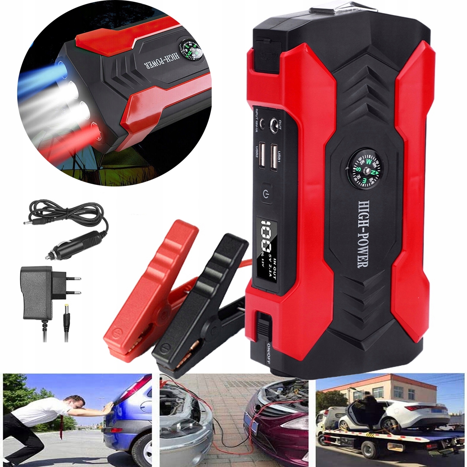 Mocny Jump Starter Powerbank 28000mAh Rozruch Booster Kable Latarka Zestaw