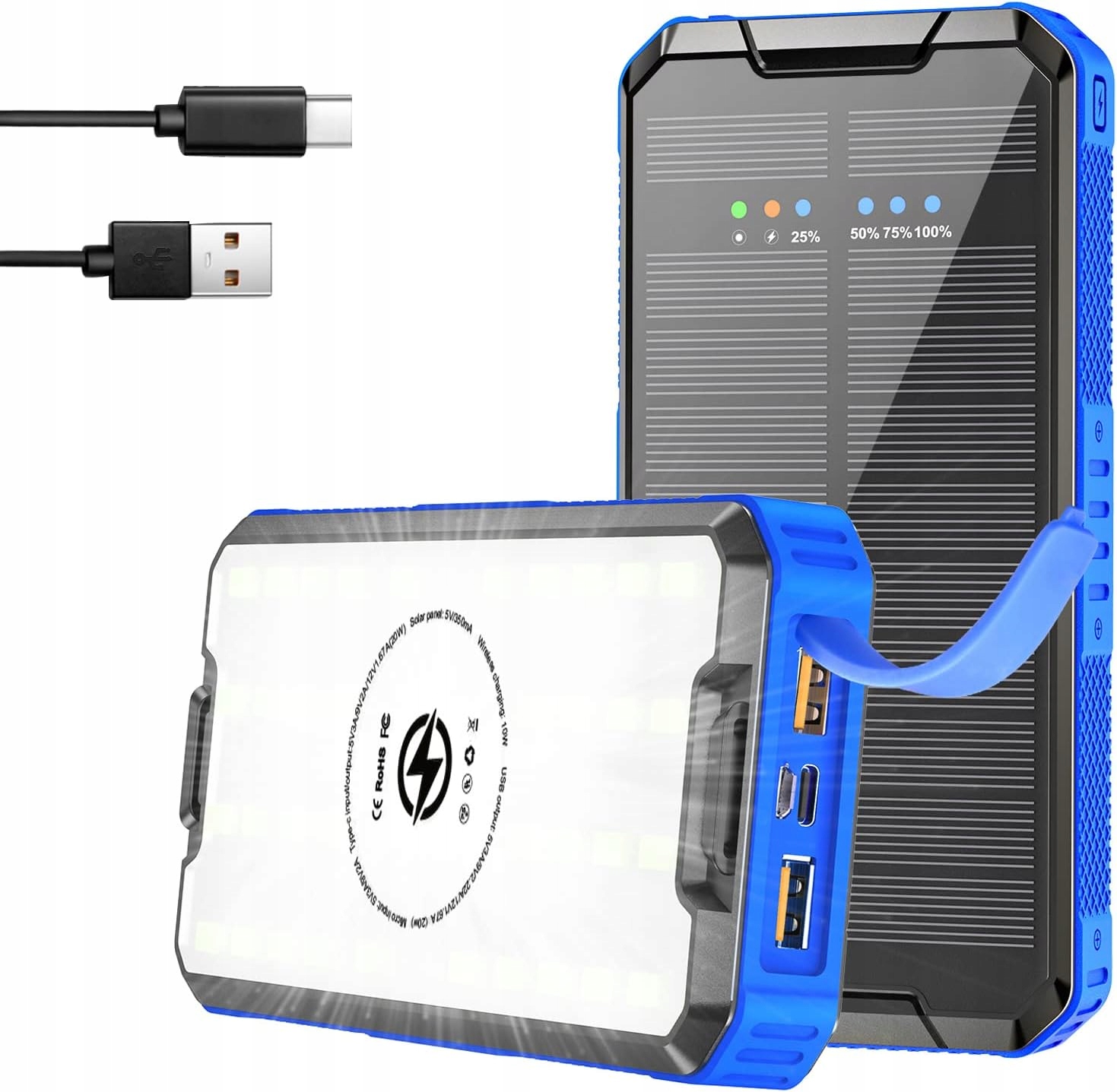 Powerbanka Solární Nabíječka 36000 mAh Bezdrátová Svítilna