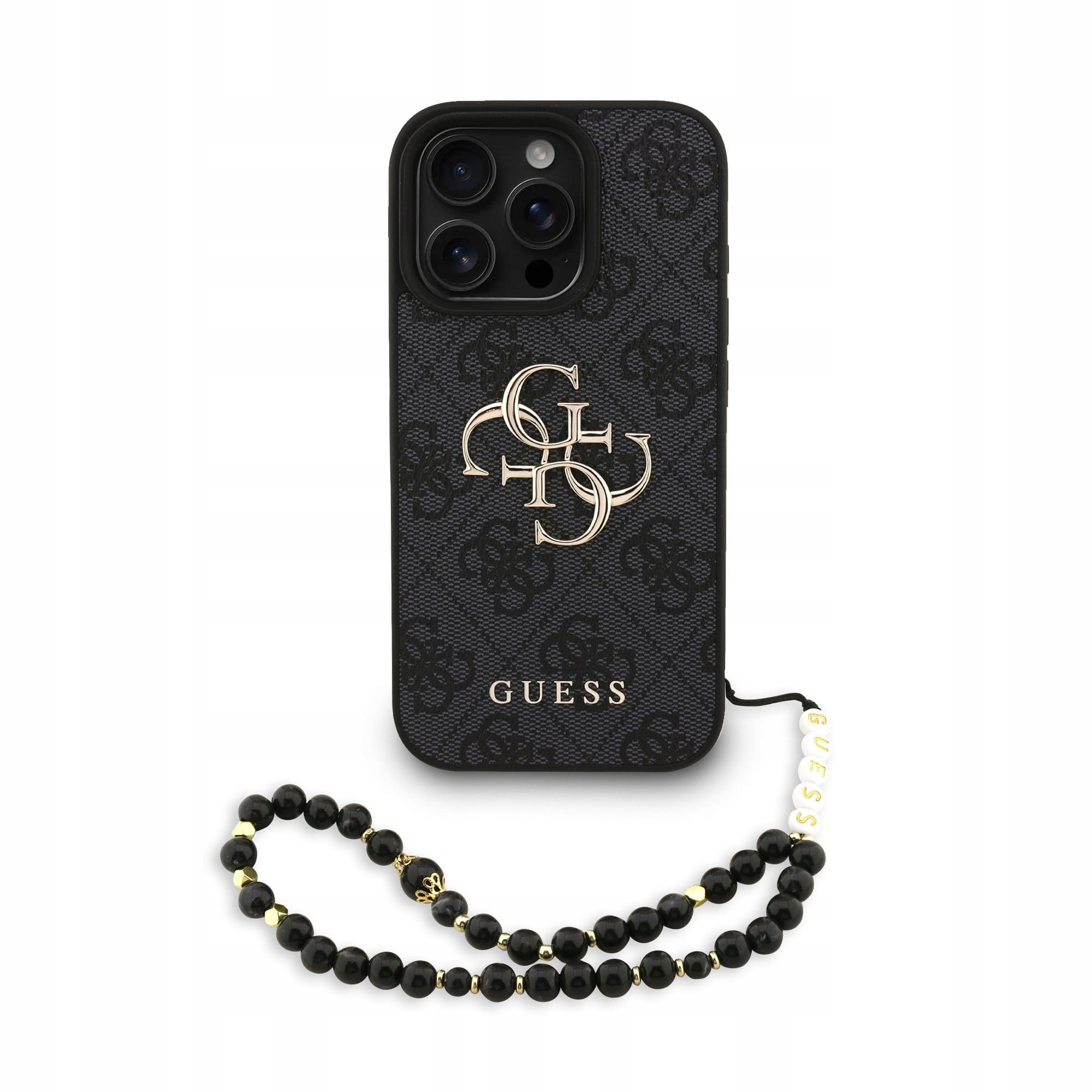 Guess Pu 4G Metal Logo Etui do iPhone 16 Pro Max black +smycz na nadgarstek