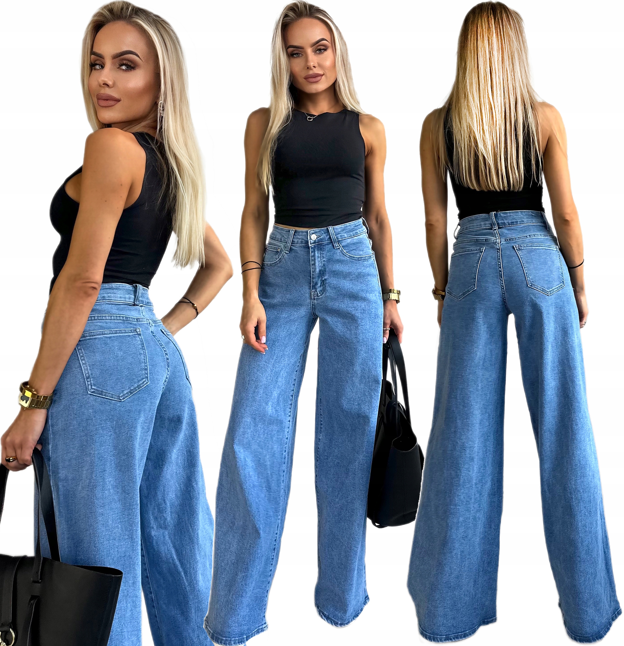 Stylowe Spodnie Jeansy damskie wide leg modny krój szerokie nogawki 42