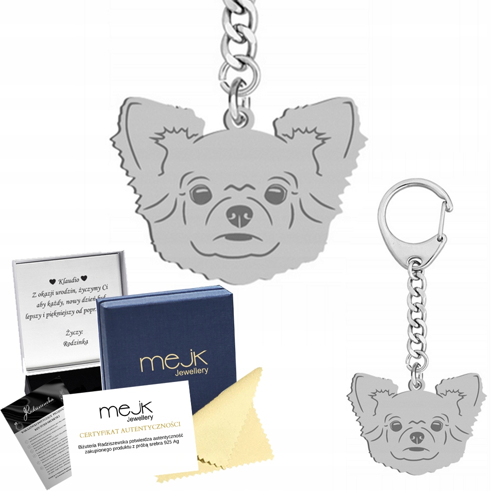 Chihuahua Długowwłosa Přívěsek Na Klíče Stříbrný 925 Dárek Dedikace Gravírování Bonus