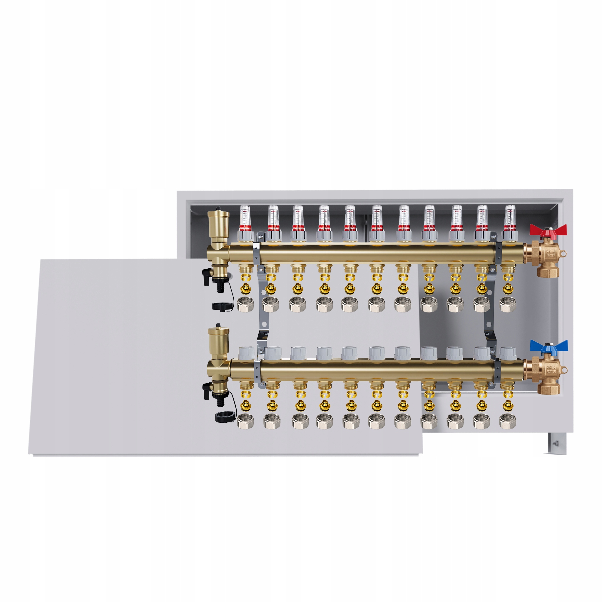 Rozdělovač podlahový mosazný 11 obvodů Podomítková skříň ventily Pex