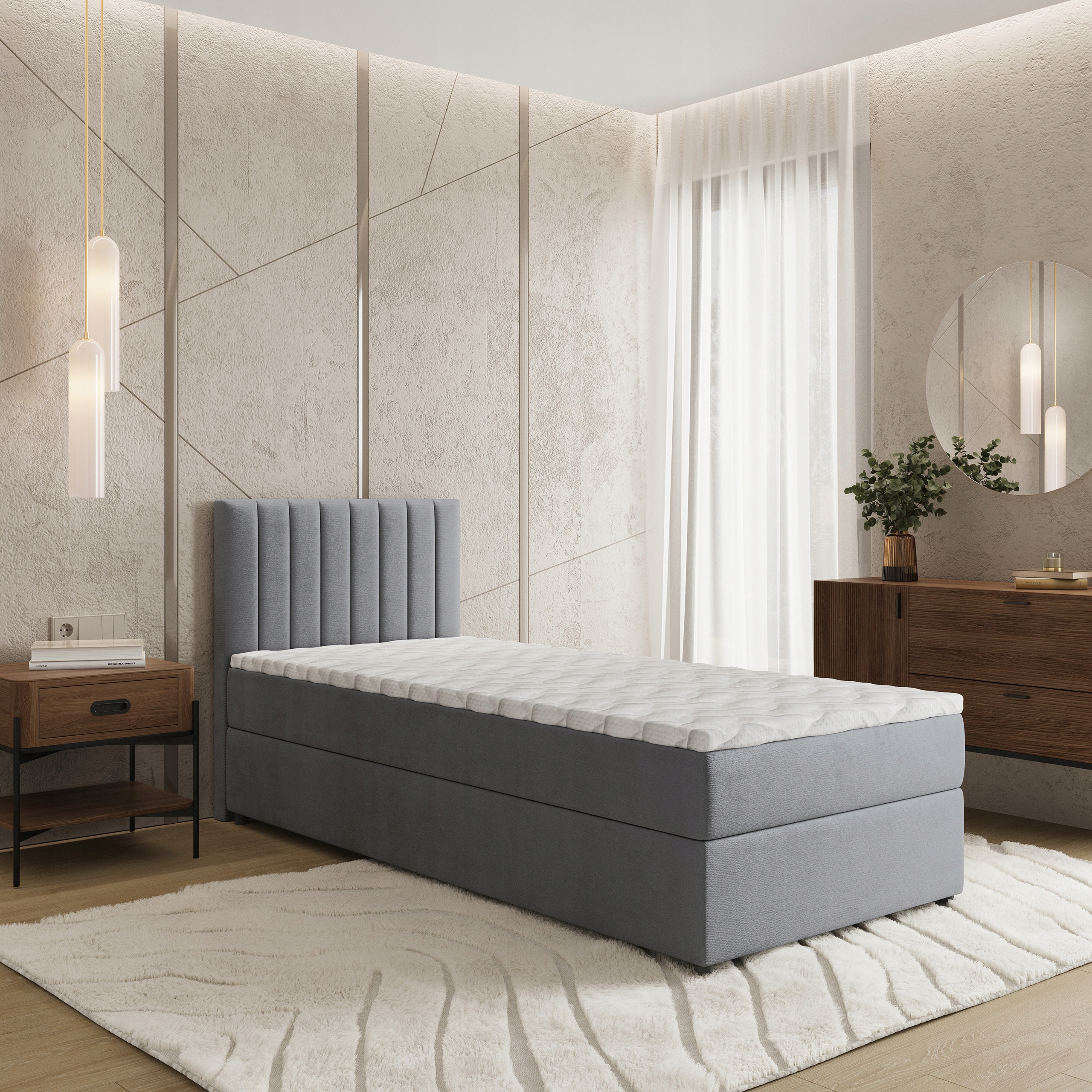 Jednolůžko Bresel 100 x 200 cm s jednolůžkovou matrací, šedá barva