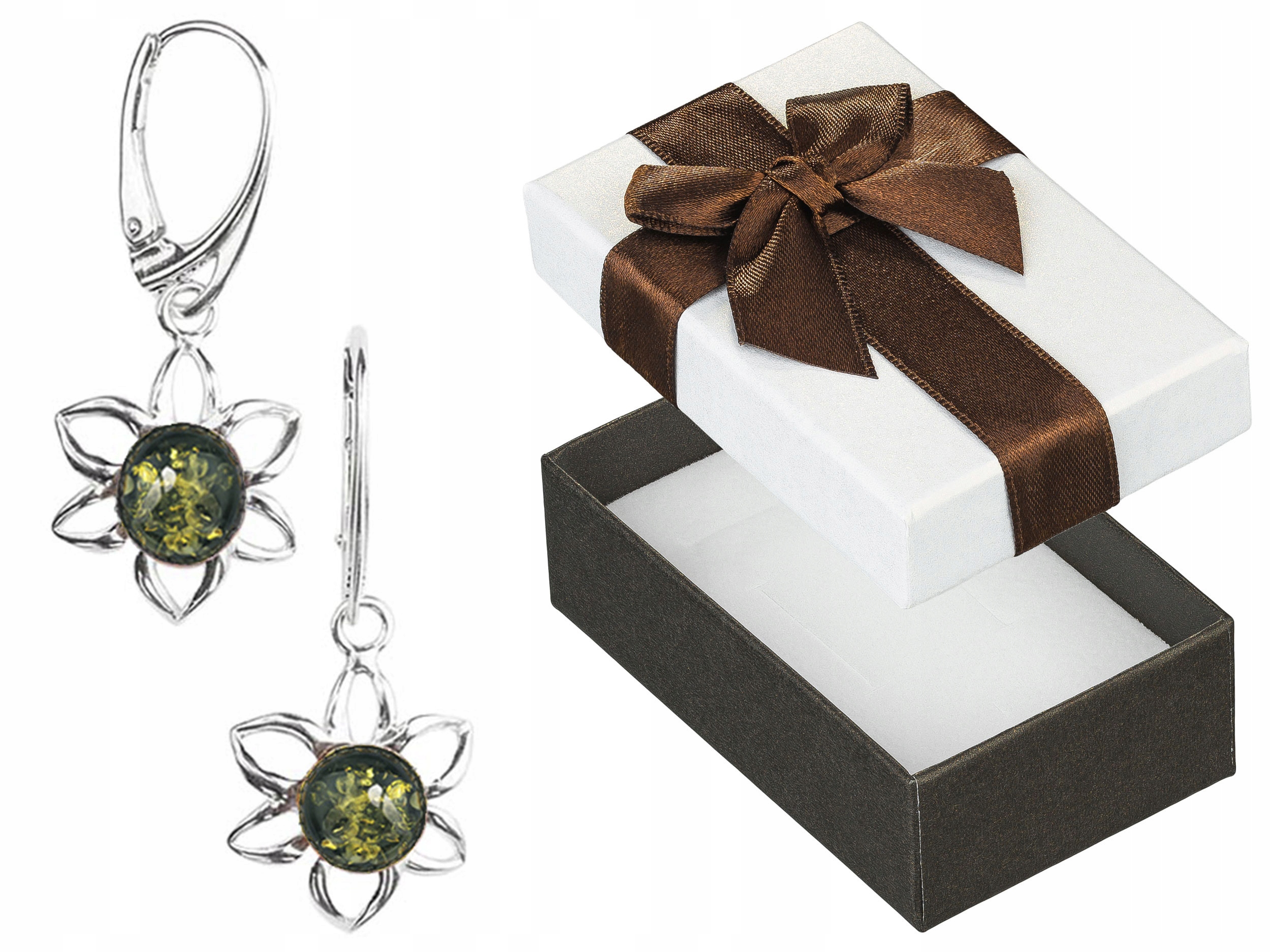 Stříbrné Náušnice Visací Květiny s Jantarem Anglické Zapínání Kytičky