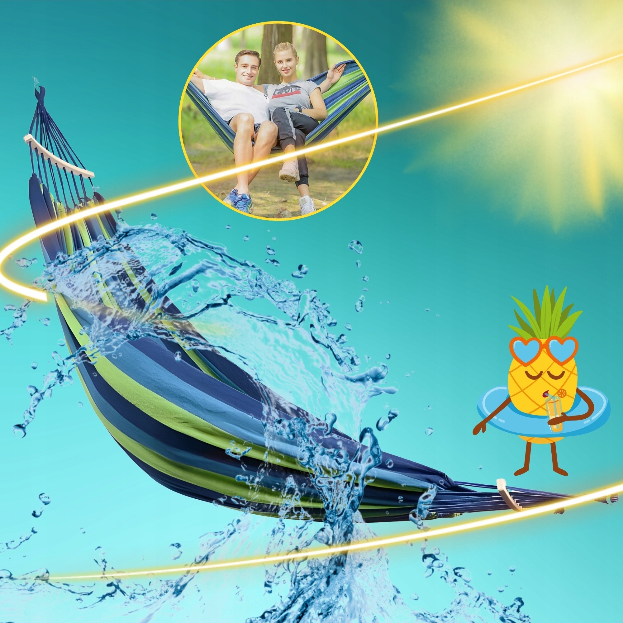 HAMAK OGRODOWY Z DRĄŻKIEM DO LEŻENIA LEŻANKA MOCNY TURYSTYCZNY ZESTAW XXL Szerokość materiału 150 cm