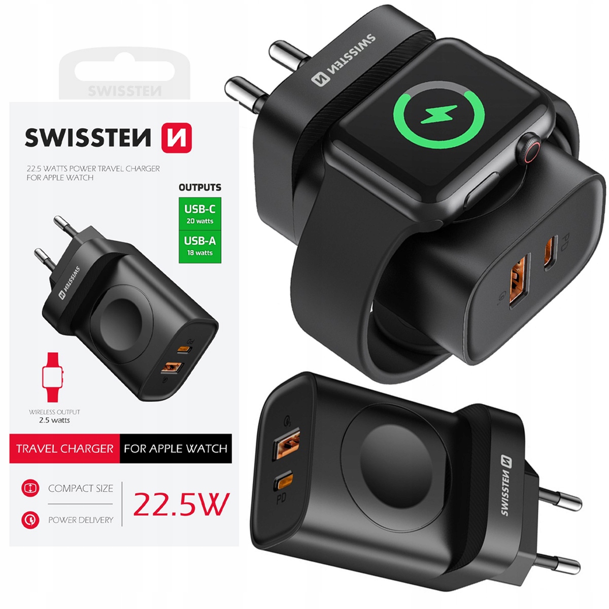 Ładowarka Sieciowa Usb-c Usb-a apple watch Swissten Pd 22,5W Podróżna