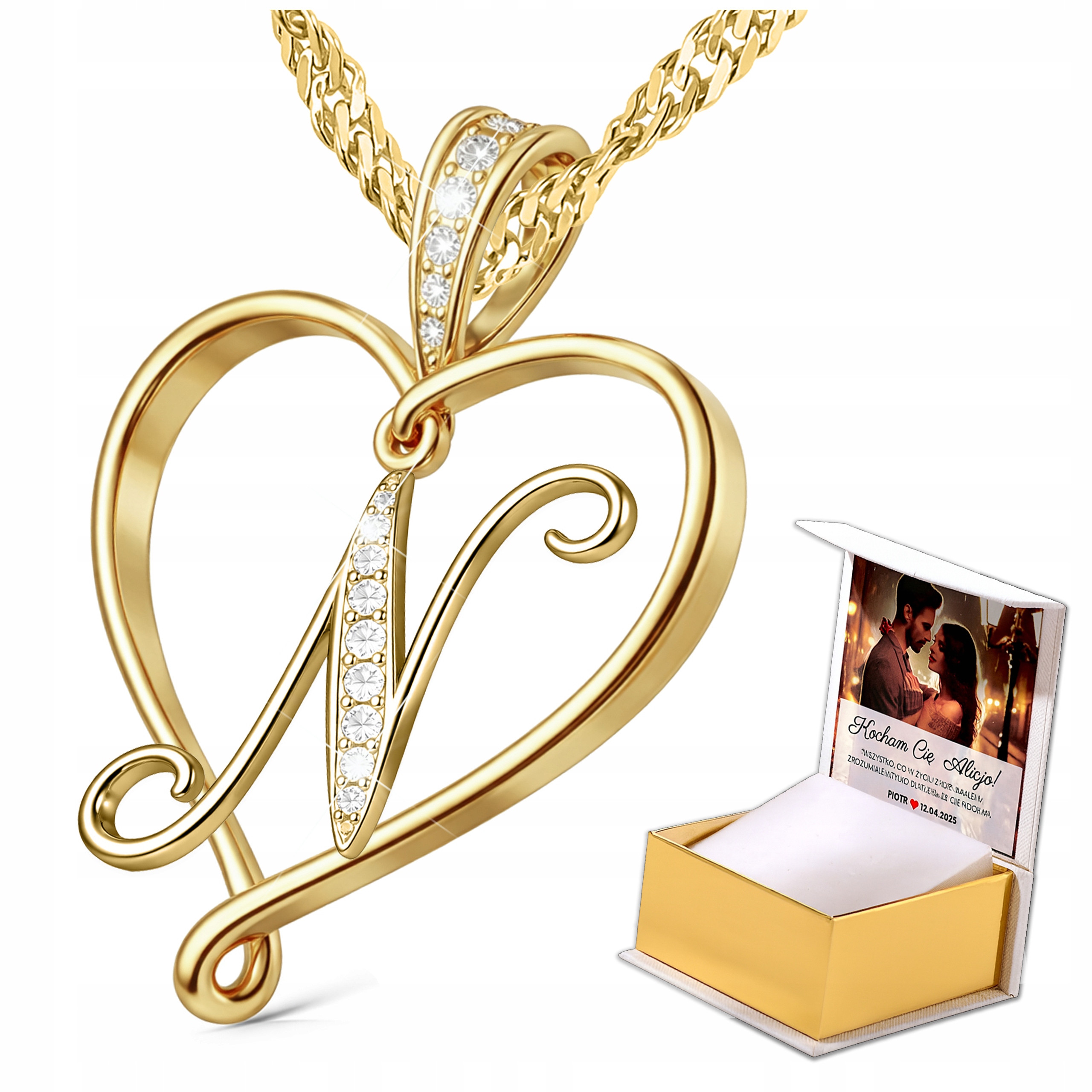 Zlatý náhrdelník s písmenem N Iniciál se srdíčkem Stříbro Potisk