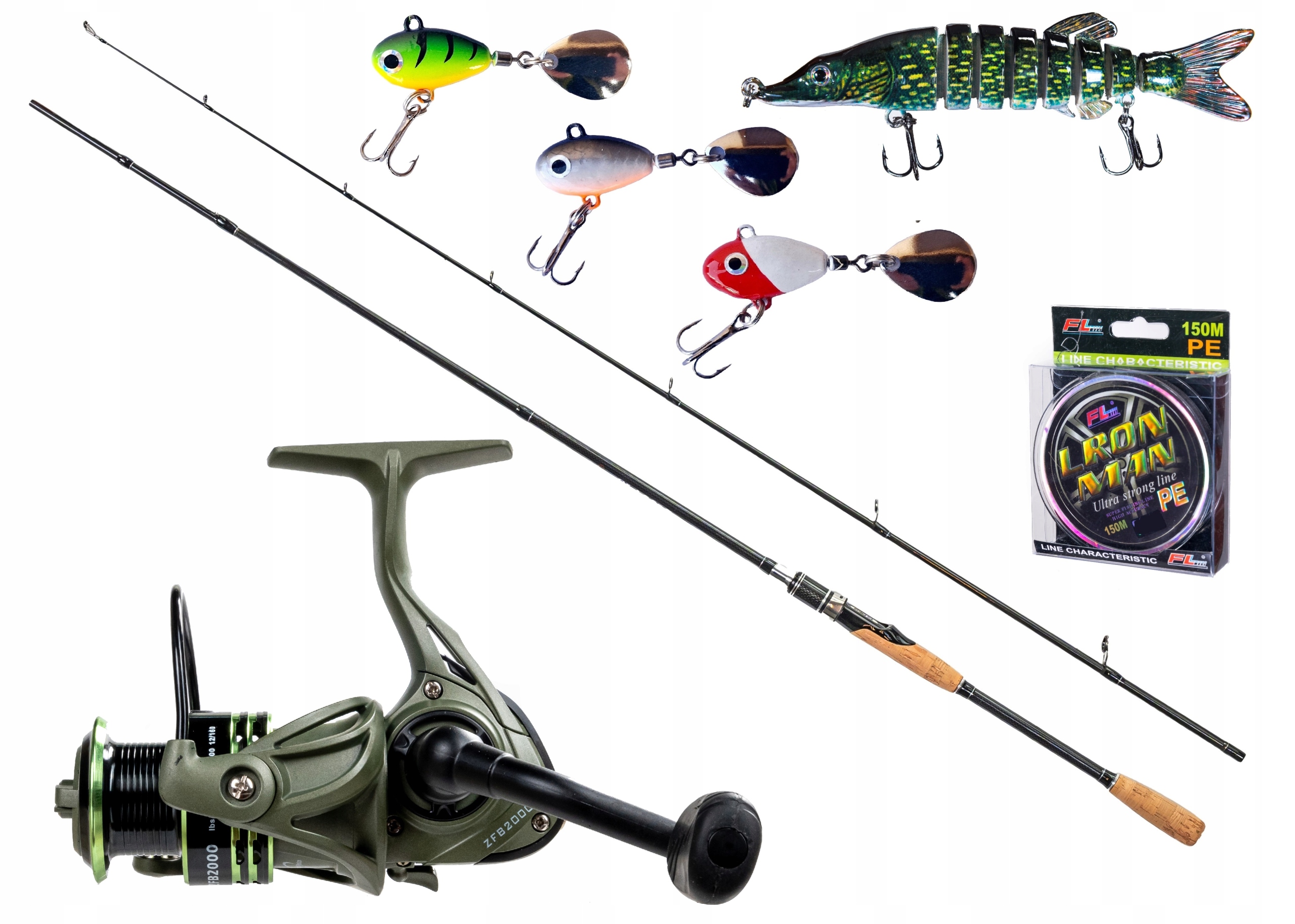 Zestaw Spinningowy Wędka Węglowa na Szczupaka Kołowrotek Plecionka Wobler