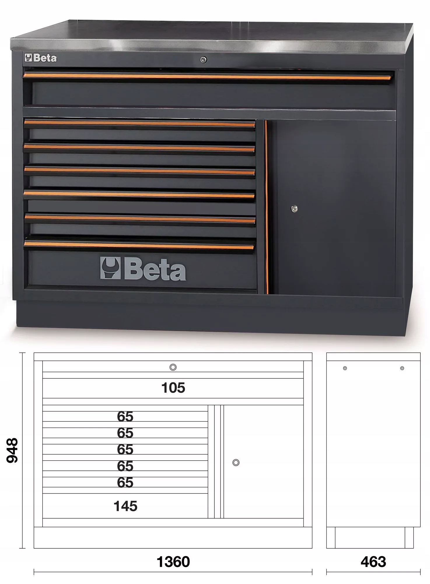 Moduł stały 7 szuflad + szafka + stalowy blat Beta 4500/C45PRO/M7A/X Marka Beta