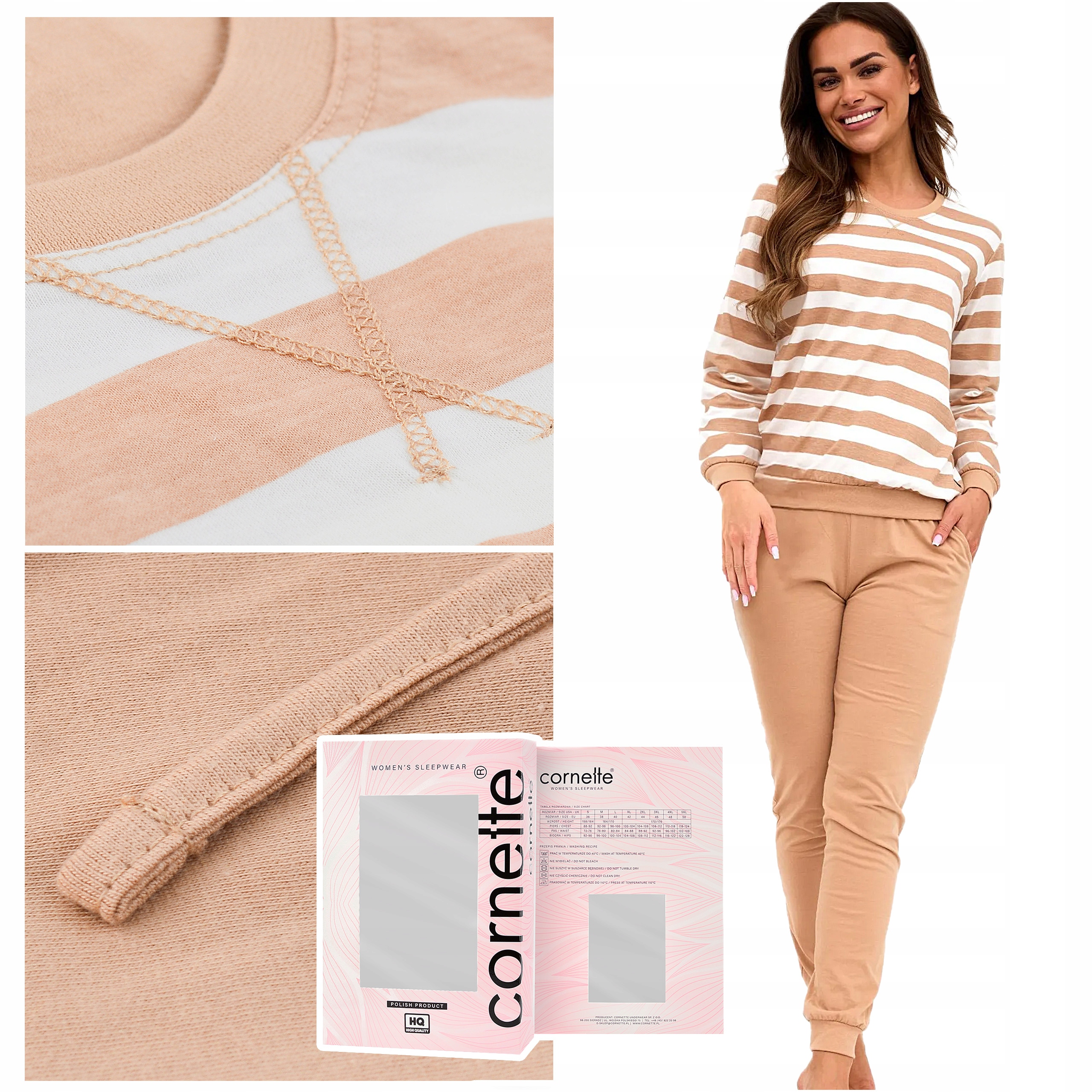 Dámská pyžamová souprava Cornette s dlouhým rukávem, béžové pruhy, Bavlna Velikost XL