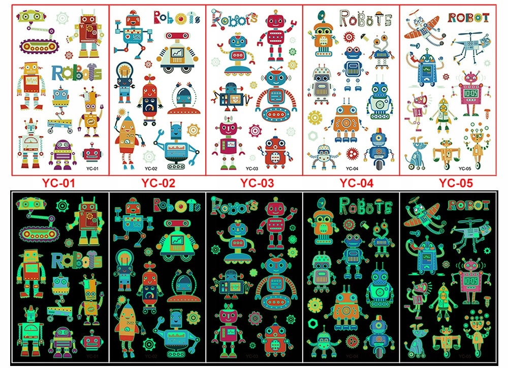 TATUAŻE ZMYWALNE KALKOMANIE ŚWIECĄCE W CIEMNOŚCI DLA DZIECI 5 ARKUSZY ROBOT