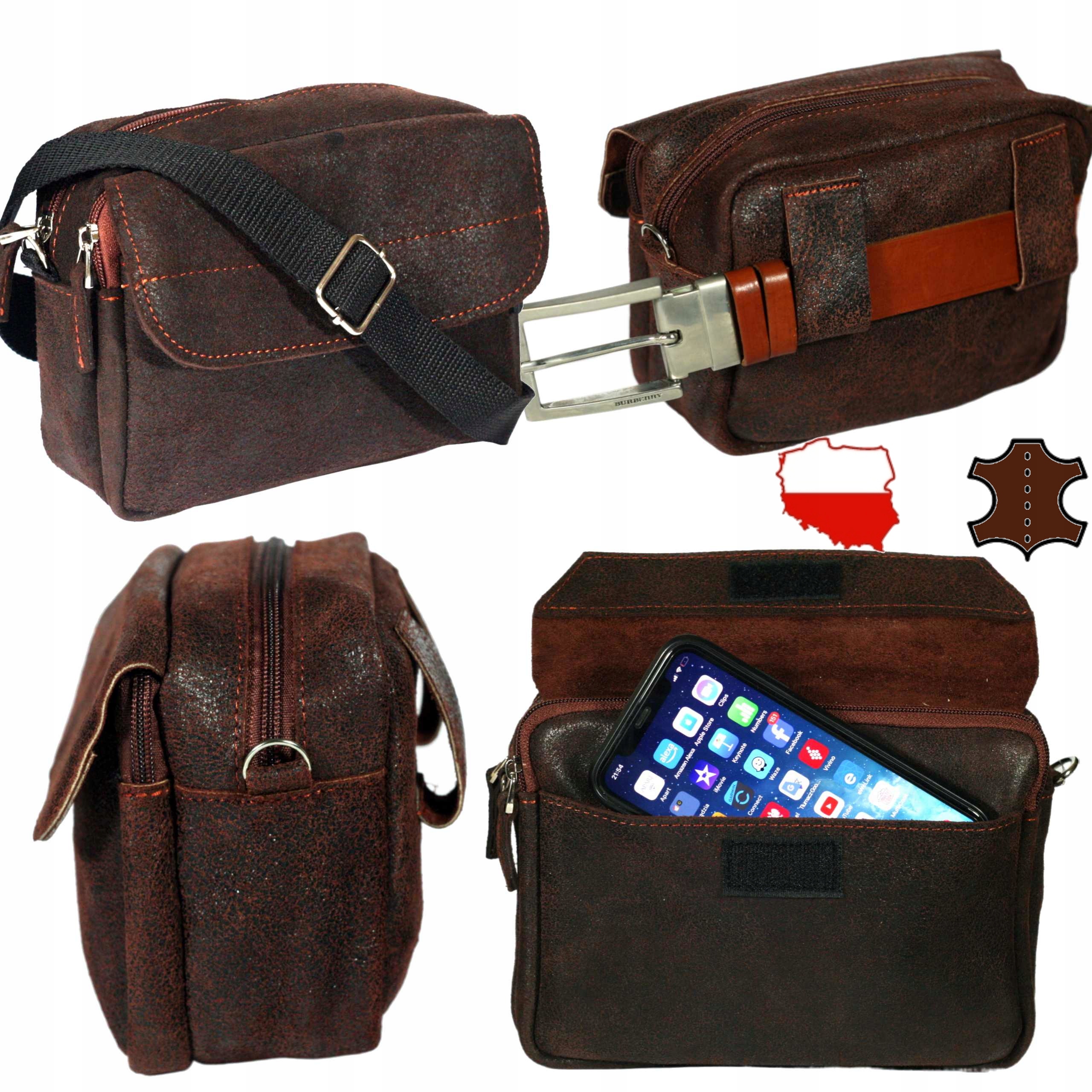 Hnědá kožená pánská taška na opasek do ruky, velká polská výroba