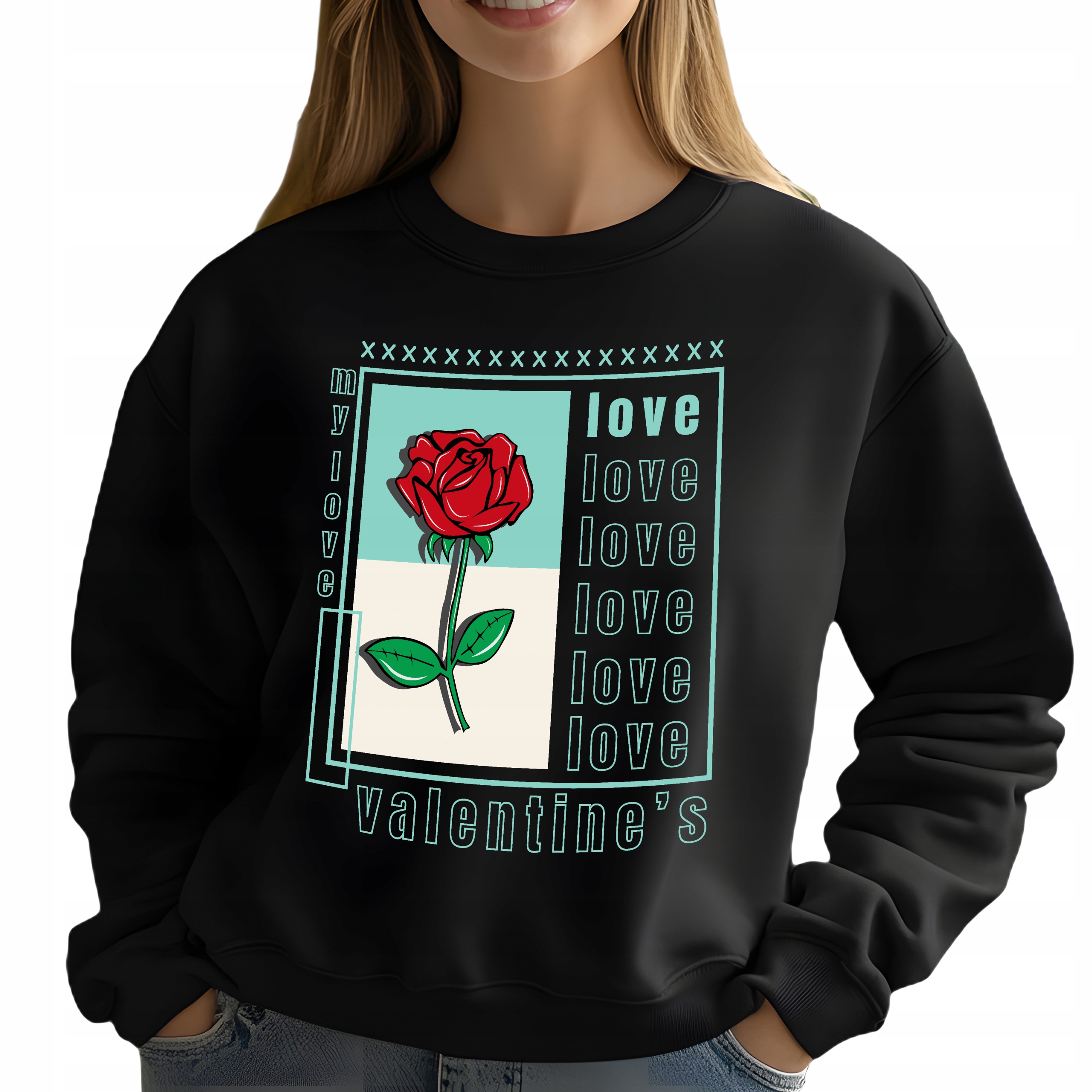 Mikina Černá Dámská Love Valentine Dárek Módní Pohodlná Streetwear Vel M