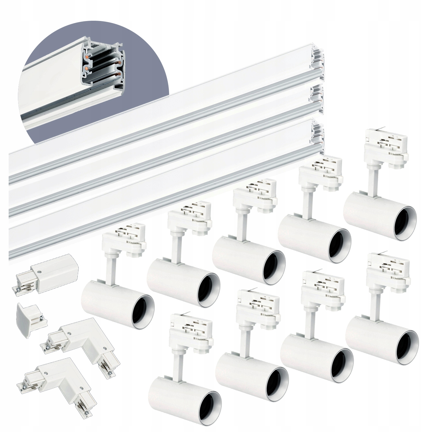 Zestaw szynowy 3 fazowy szyna 1m+1m+1m, 9x Lampa, łącznik L BIAŁY komplet