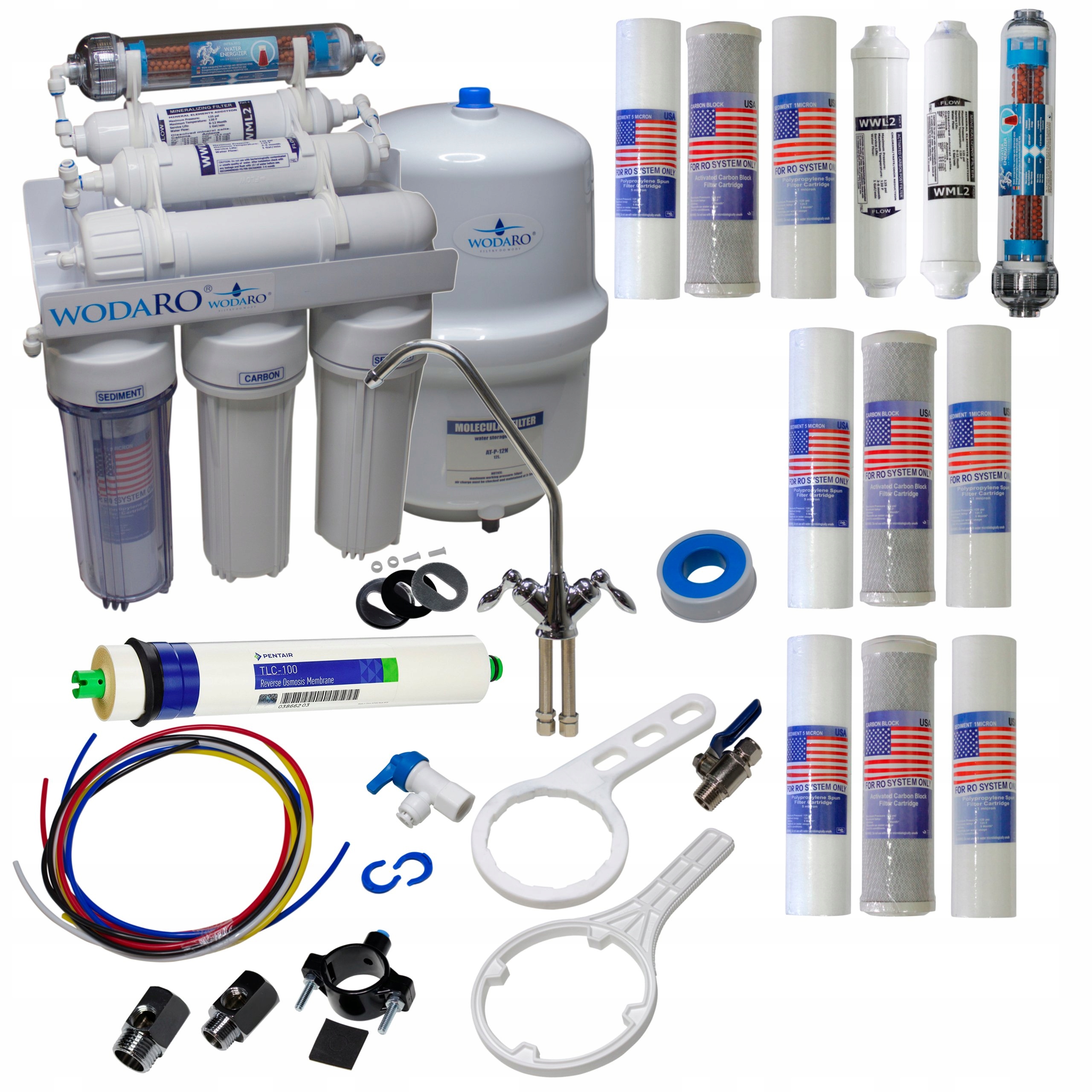 Odwrócona Osmoza RO7 Zapas Wkładów Filtr Wody Jonizator Komplet 7-Stopniowy