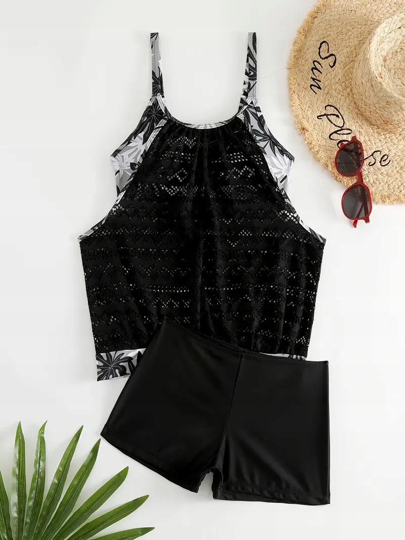 TANKINI STRÓJ KĄPIELOWY DWUCZĘŚCIOWY KOSZULKA SZORTY SPODENKI L 40 Kolor czarny