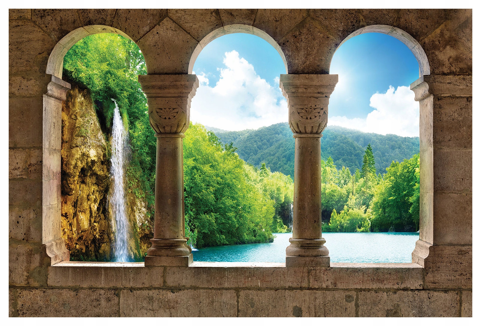 Fototapeta vliesový oblúk vodopád jazero les kameň 416x254 lepidlo