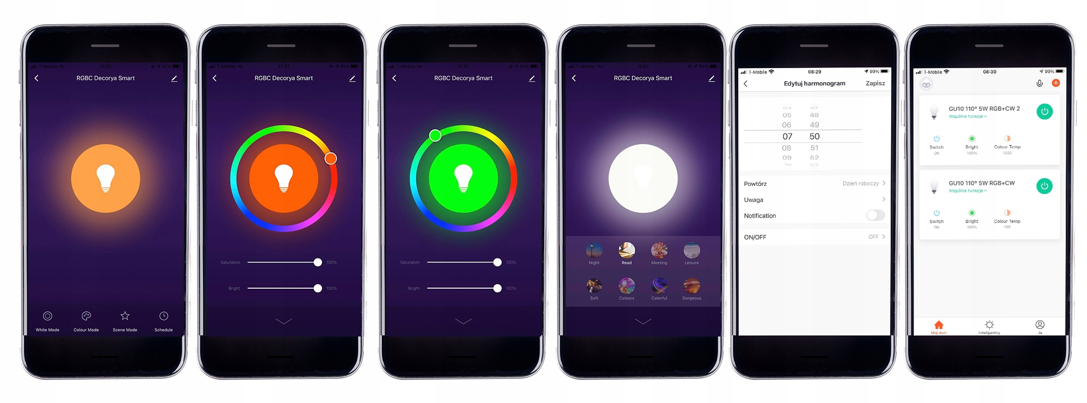 KOLOROWA ŻARÓWKA LED GU10 5W RGB+CCT WIFI TUYA SMART LIFE STEROWANA TELEFON Moc 5 W