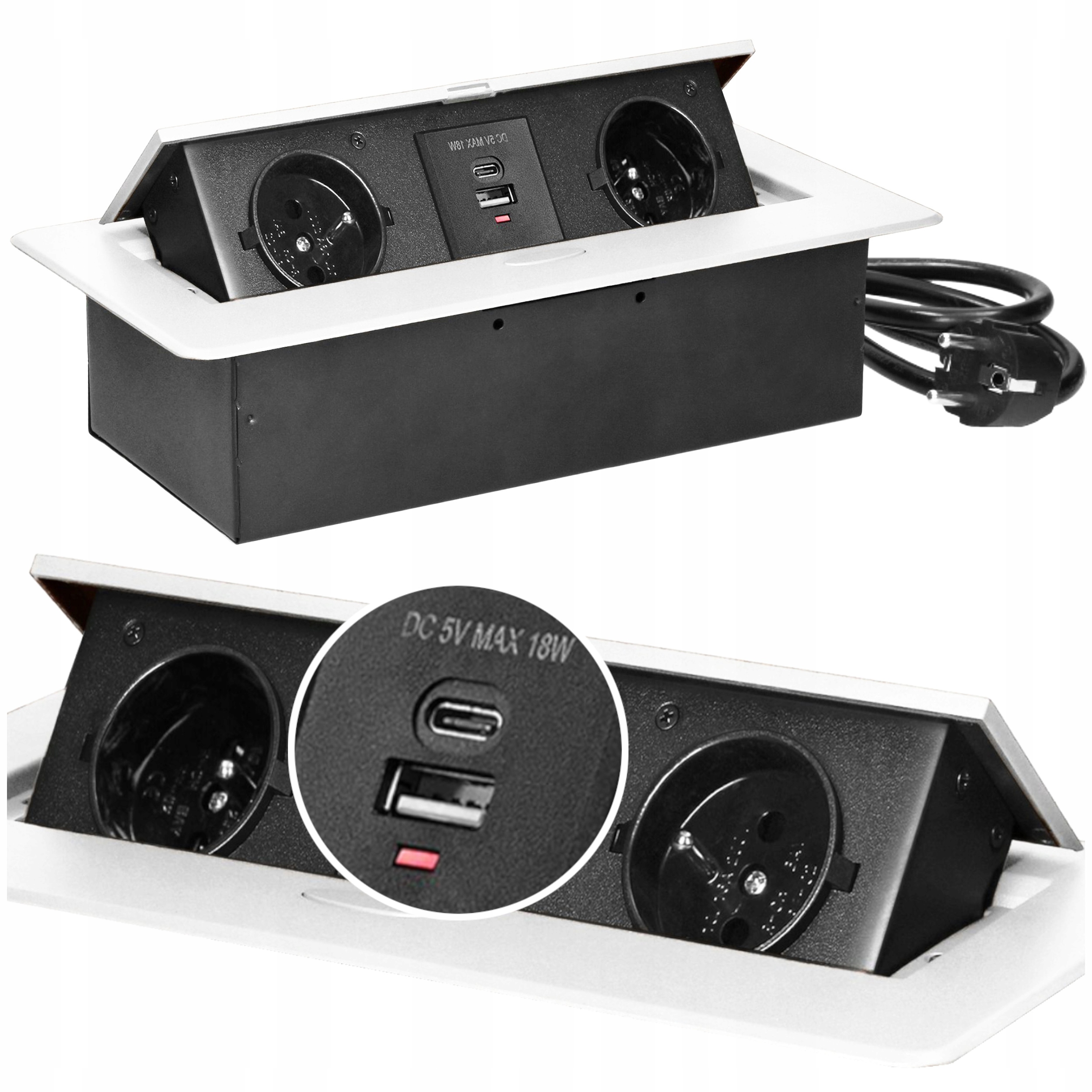 Gniazdo Wpuszczane Chowane w Blat Ładowarka Usb Usb-c Kabel 1,5m Białe