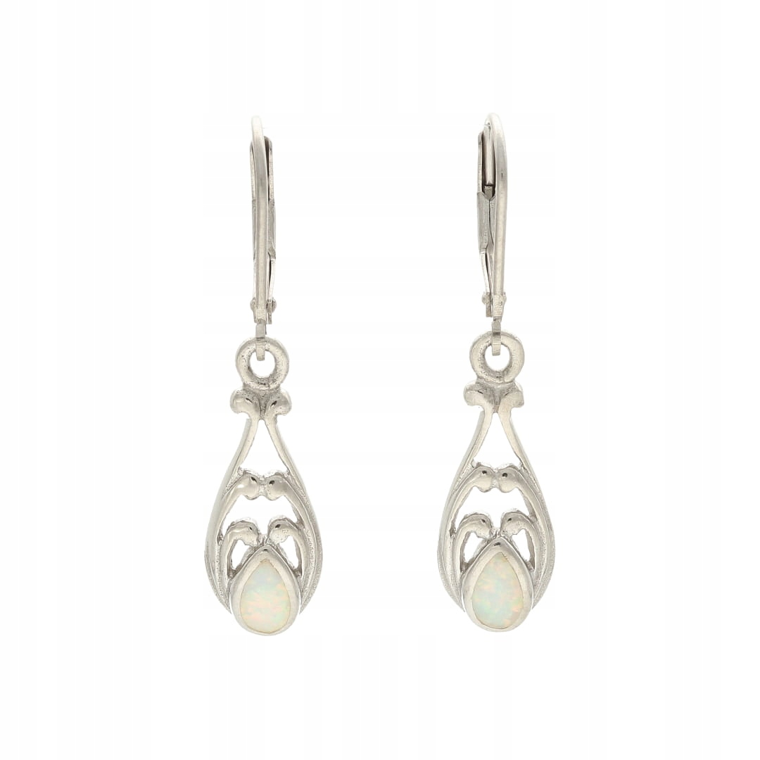 Náušnice visící na slzách s bílým opálem stříbro rhodium