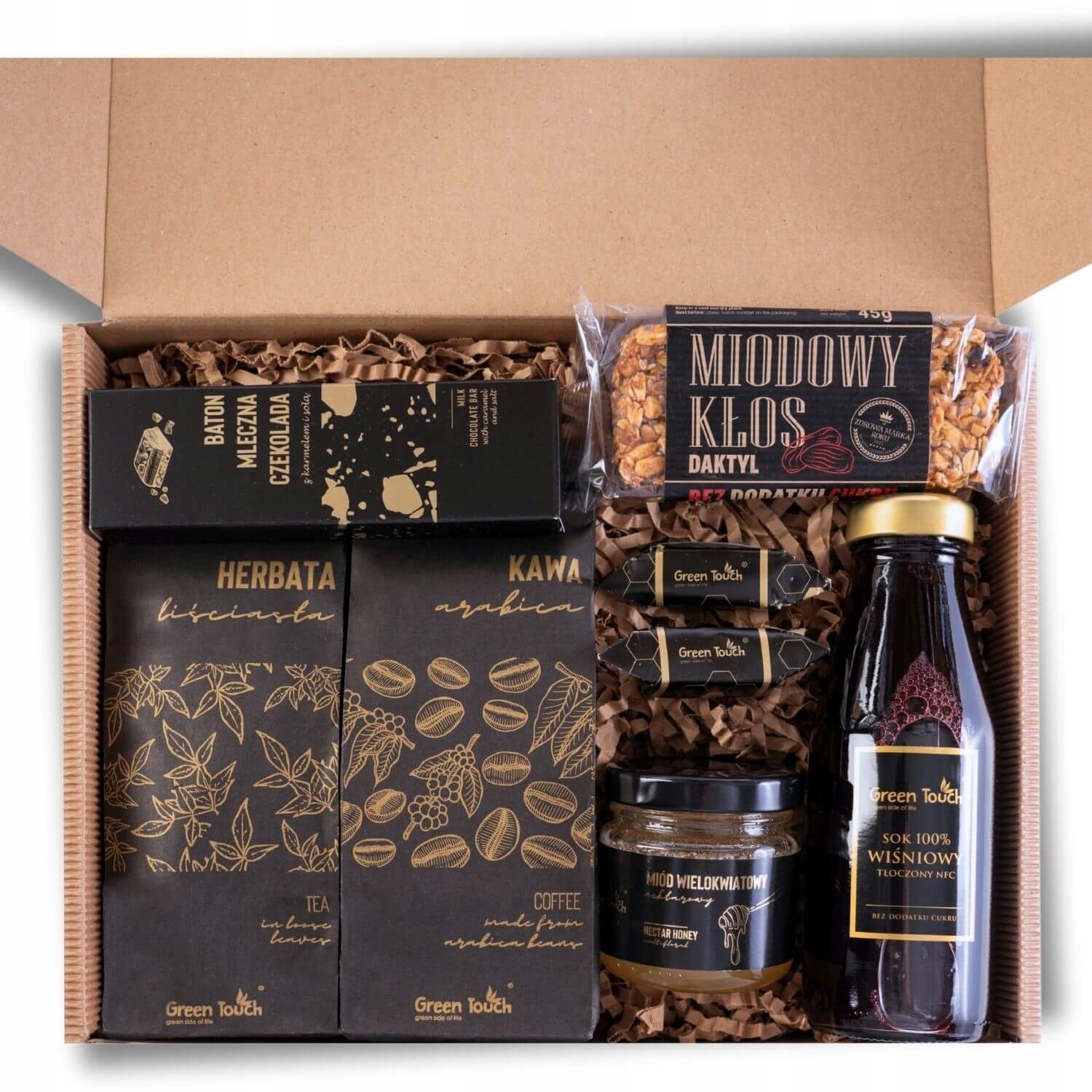 Levně Dárková Sada krabička sladkosti med Čaj a Káva džus tyčinka slaný karamel