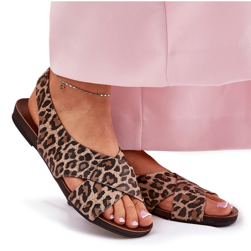 Zazoo 40407 Dámské Sandály Přírodní Kůže Plochý Podpatek Panterka Hnědá 40