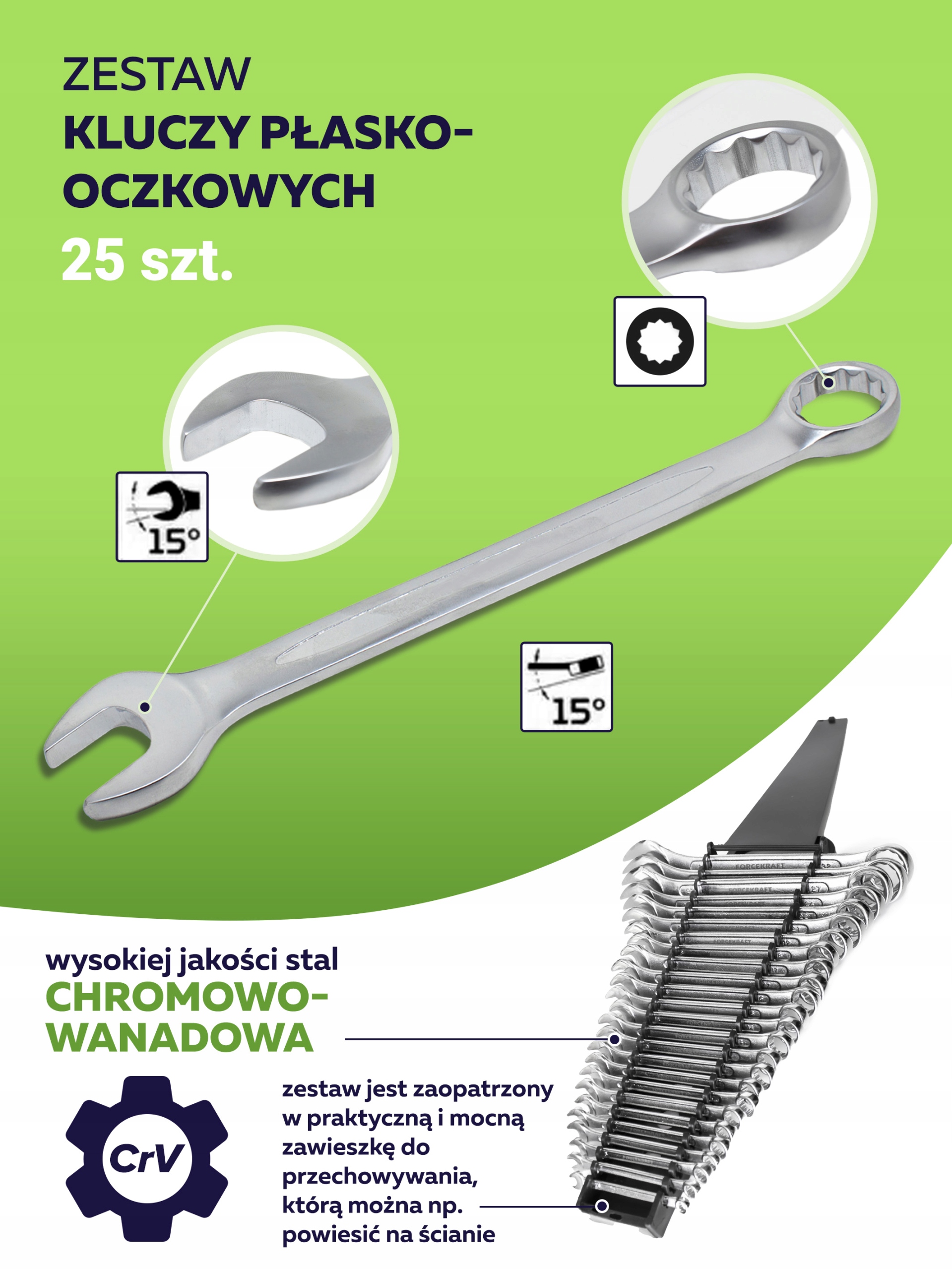 Zestaw kluczy płasko-oczkowych 25 el. Forcekraft Stan opakowania oryginalne