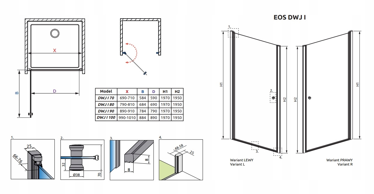 Drzwi prysznicowe RADAWAY Eos DWJ I 70x197 LEWE Rodzaj drzwi do wnęki