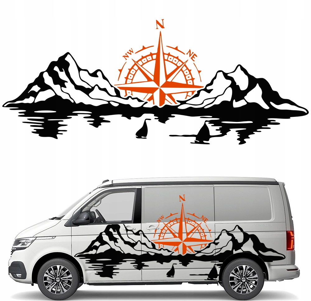 Samolepka Grafika na karavan Růže Větrů Kompas Hory Jezero Plachetnice 90x220
