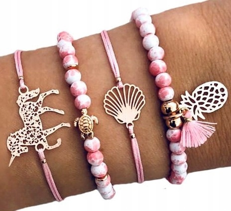 

Zestaw Bransoletka złota sznurek różowa żółw shell