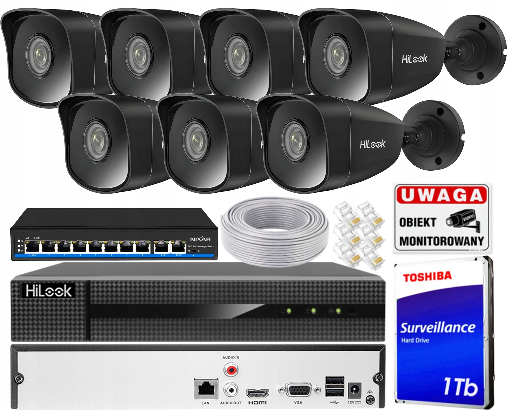 Sada monitorování Ip 7 kamer 5MPx černých PoE Den/Noc Ir 30 m Aplikace