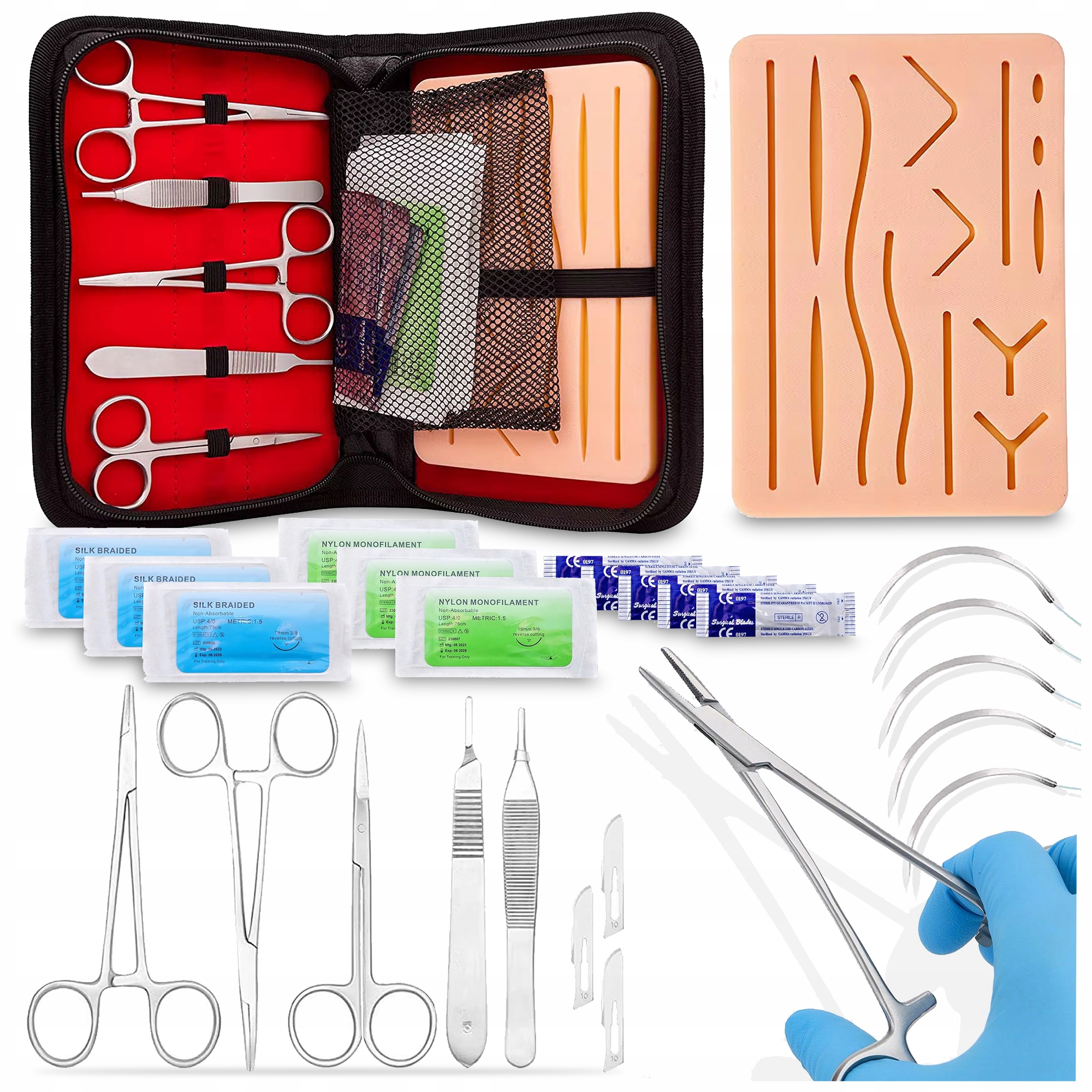 18EL Zestaw Do Szycia Chirurgicznego Skinpad Nici Igły Nożyczki Skóra +etui
