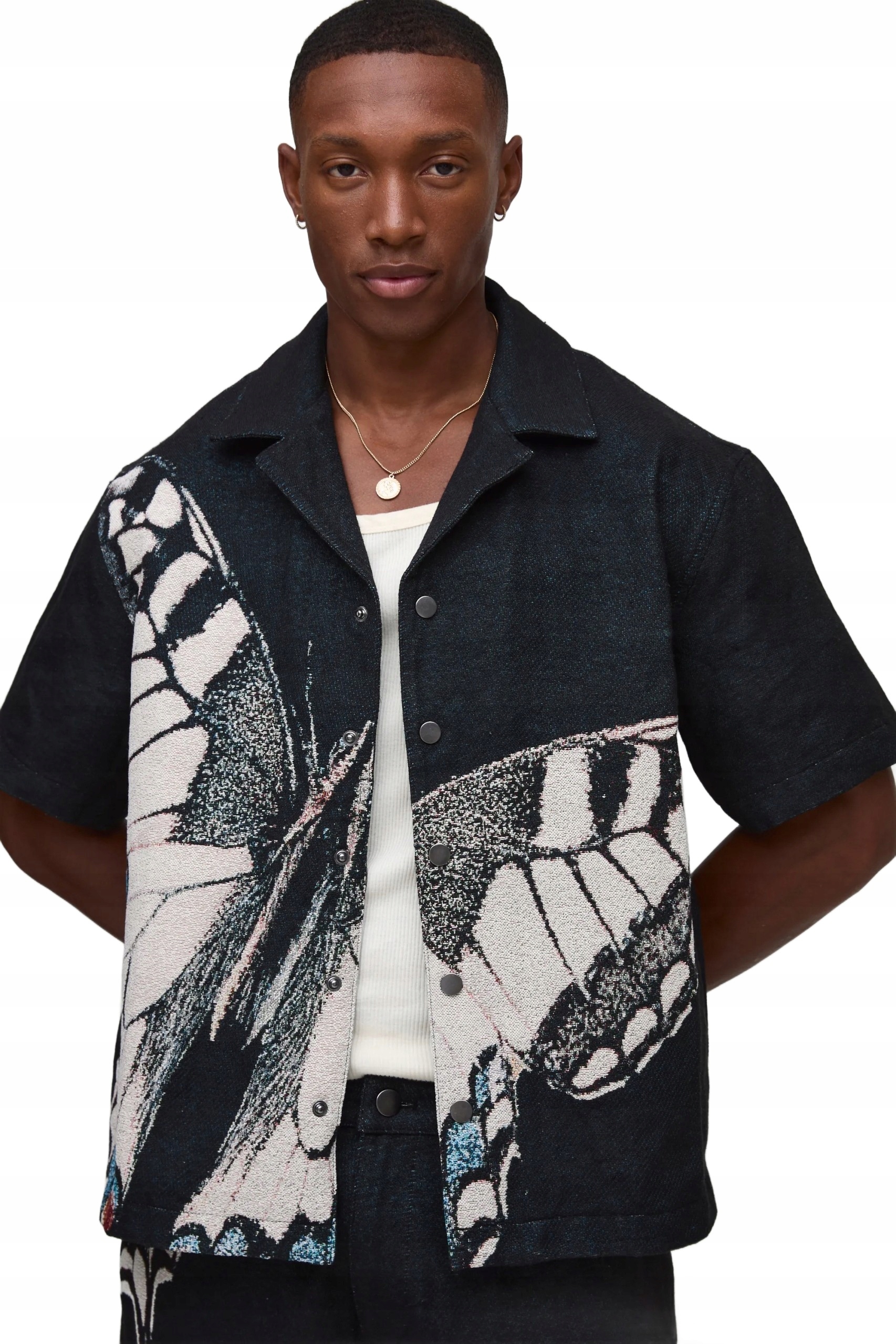 Boohooman Černá Pánská Košile S Krátkým Rukávem A Vzorem Motýla, Velikost Z3A