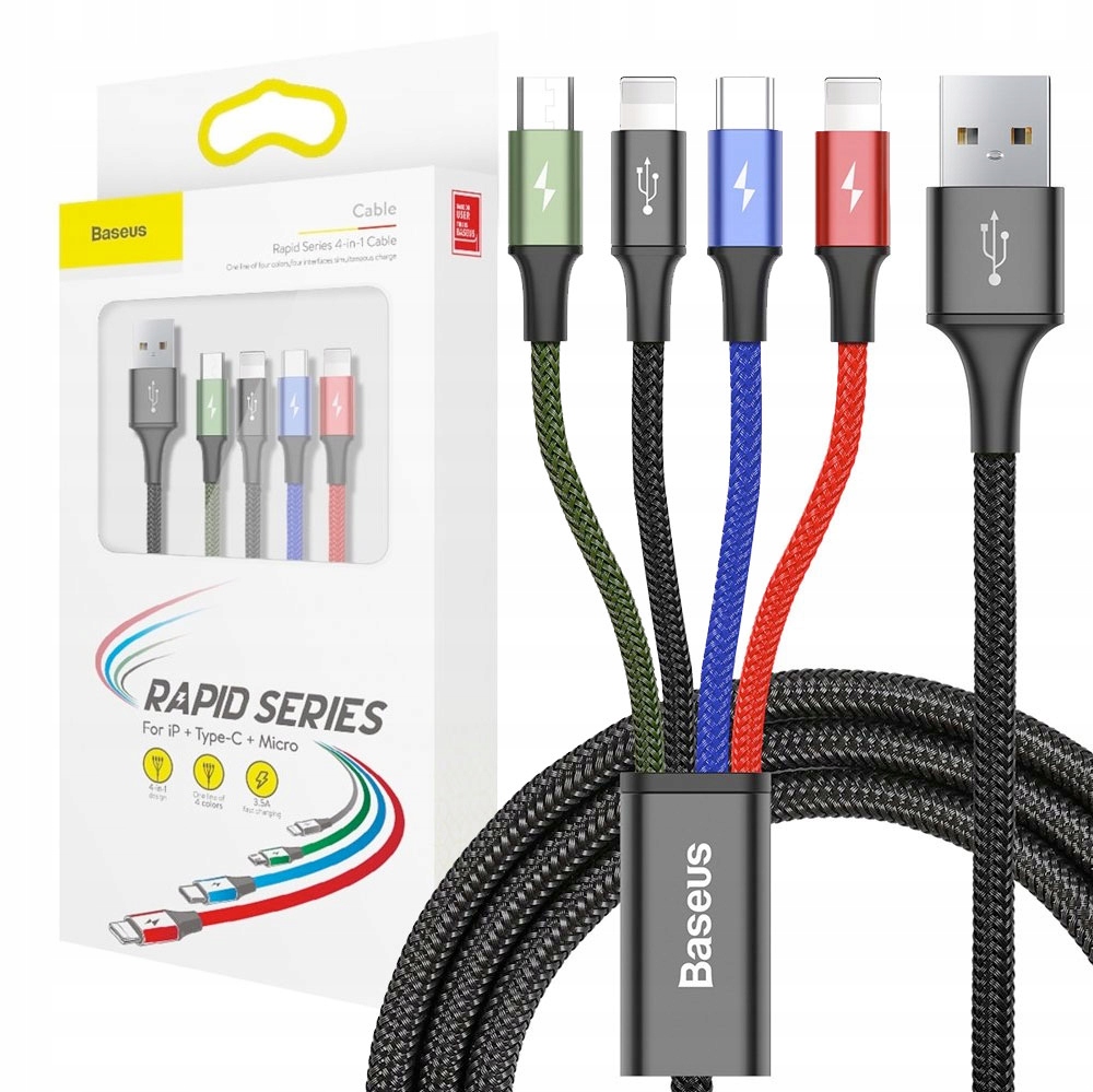 BASEUS SZYBKI KABEL 4w1 USB|2xLIGHTNING|USB-C|MICRO USB MOCNY PRZEWÓD 120cm