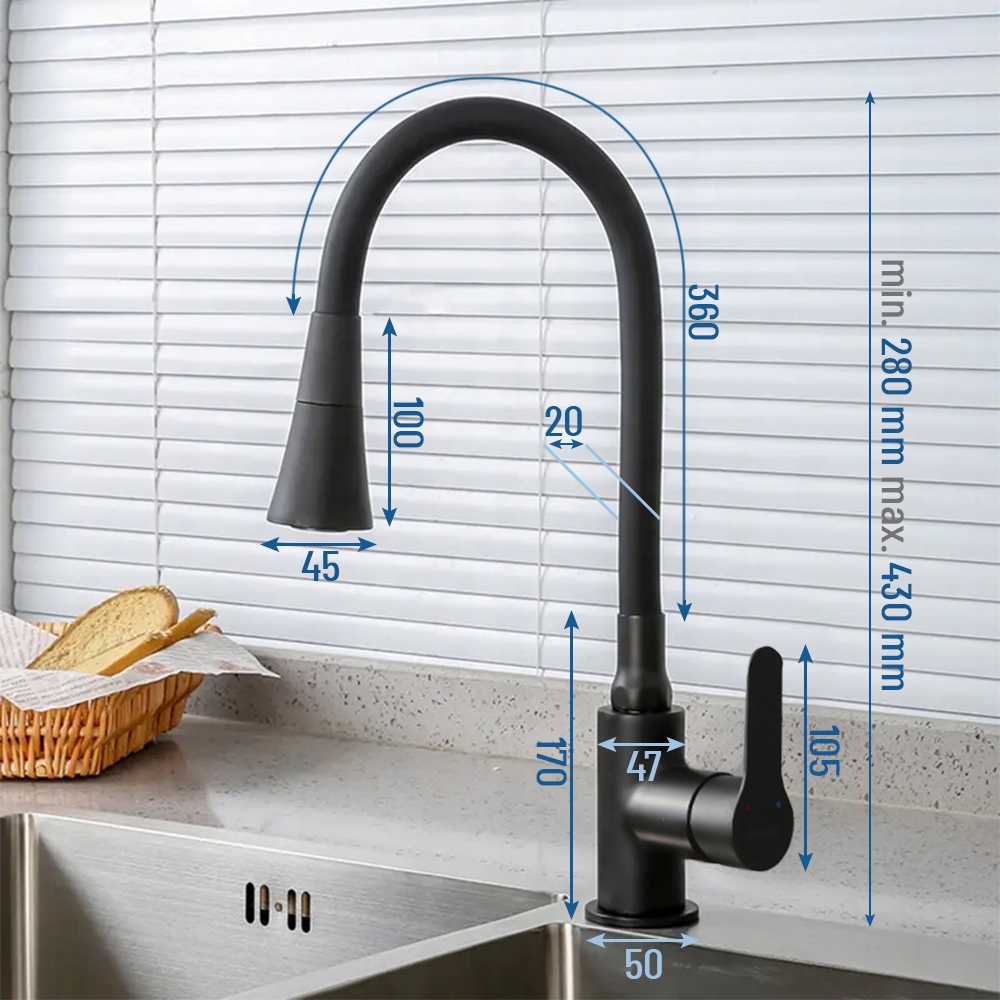 CZARNA BATERIA KUCHENNA NABLATOWA FLEX ELASTYCZNA WYLEWKA 2 FUNKCJE KRAN Marka Maibang