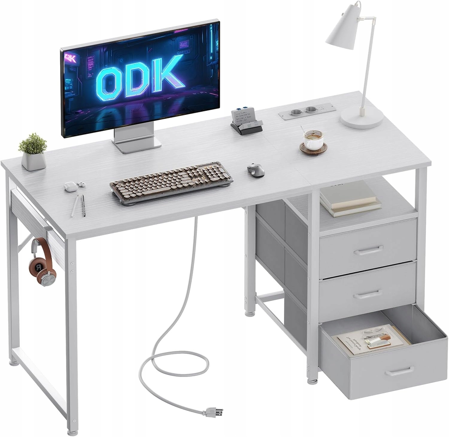 Písací stôl s 3 látkovými zásuvkami Odk, konektorom USB120x48x75,5 cm, biely