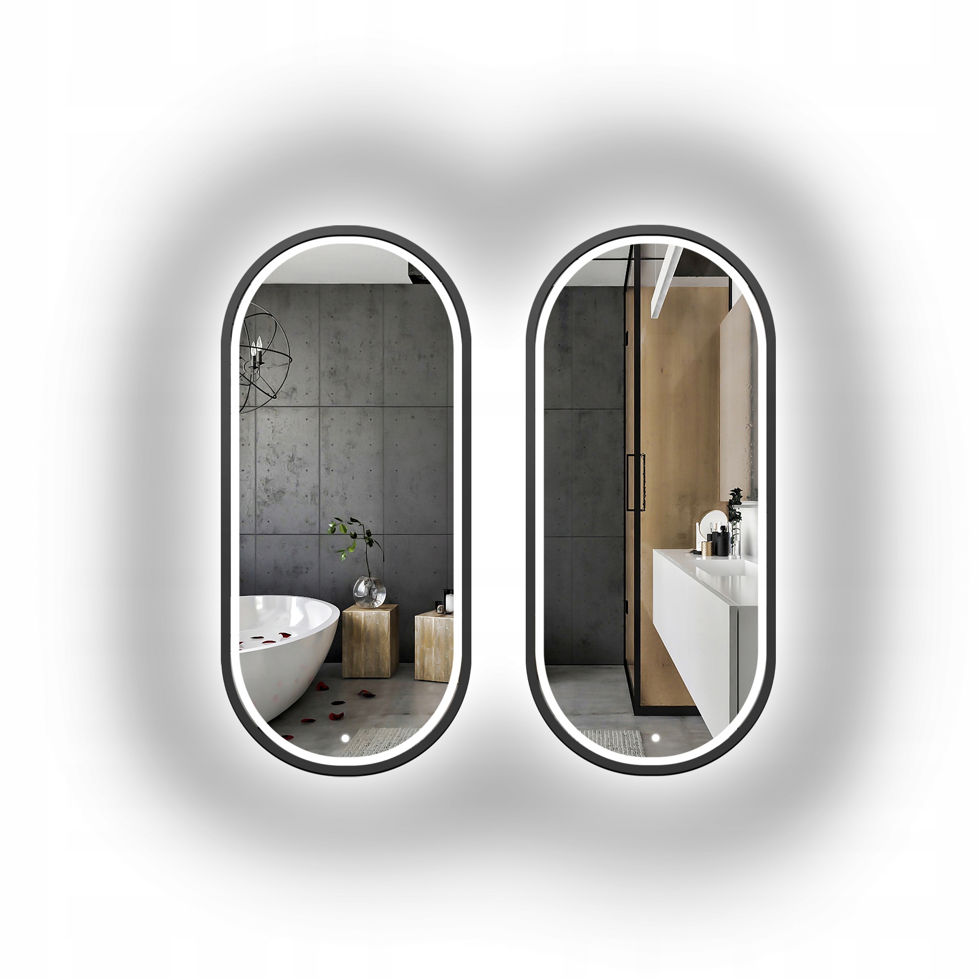 Sada dvou oválných zrcadel Oskar Led II v černém rámu Mdf 53 x 113 cm