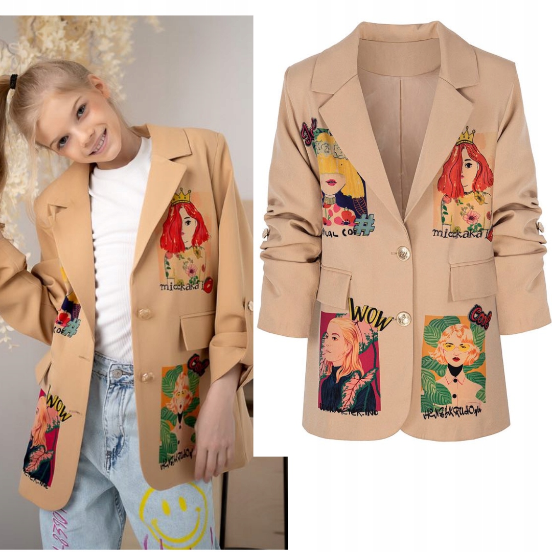 Marynarka żakiet dla dziewczynki beż latte oversize luźny z aplikacjąmi 134 Marka Inna marka