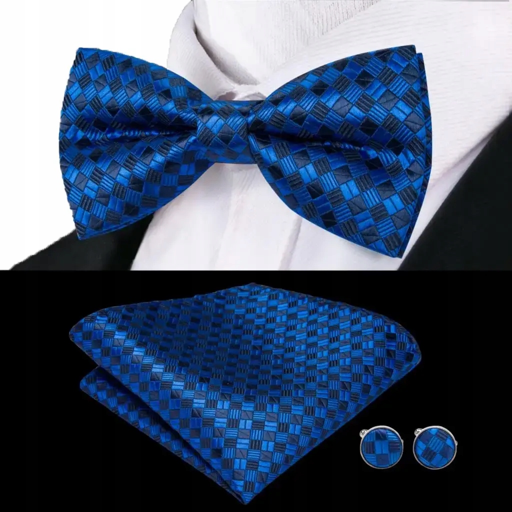 Pánský Motýlek Hedvábný set Motýlek Sponky Kapesníček Modrý Lesk Mřížka