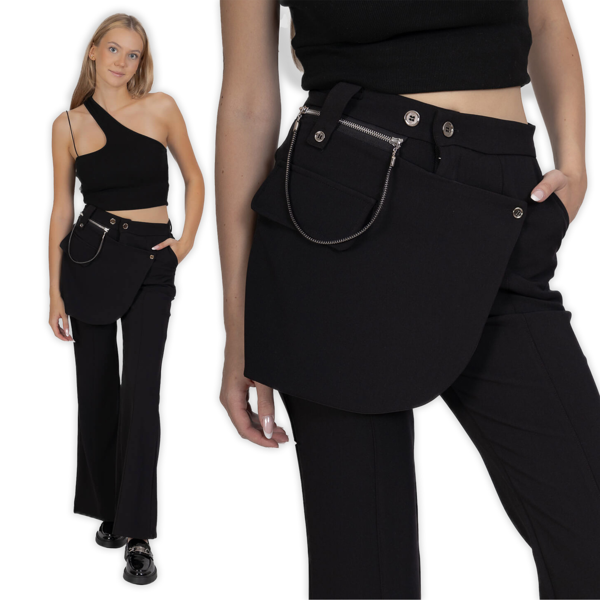 Elegantní dámské kalhoty s rozšířenou nohavicí a zvony, černé L