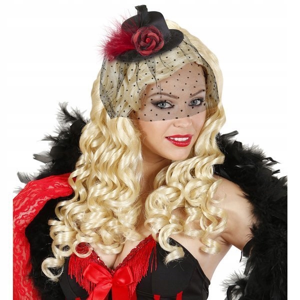 MINI KAPELUSIK CZARNO CZERWONY Z PIÓREM RETRO LATA 20 Marka Widmann