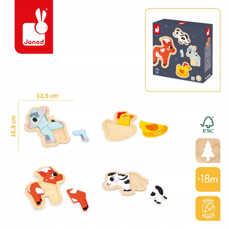 Janod Drewniane puzzle progresywne 18m+ ZWIERZĘTA FARMA 4 układanki EAN (GTIN) 3700217371142